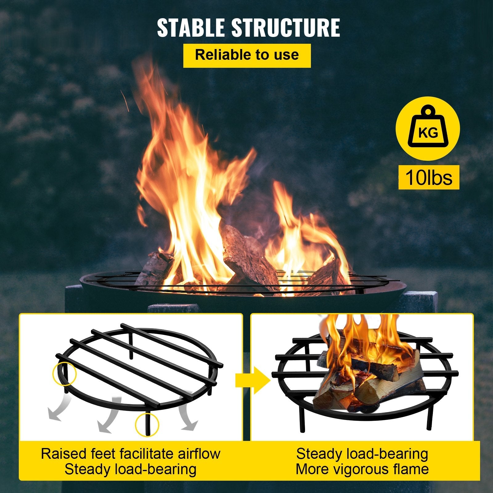 VEVOR Fire Pit Grate, Heavy Duty Iron Round Firewood Grate, Round Wood Fire Pit Grate 18", Firepit Grate with Black Paint, Fire Grate with 4 Removable Square Legs for Burning Fireplace and Firepits 