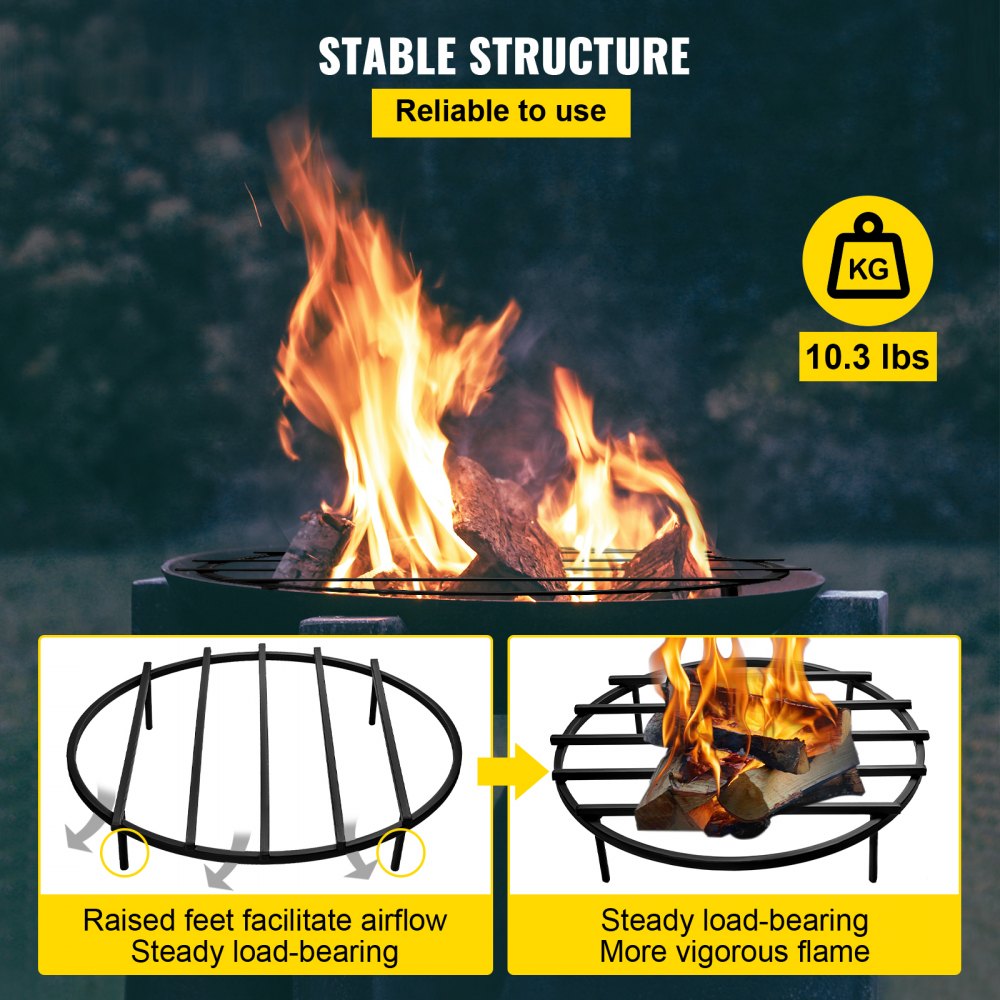 VEVOR Fire Pit Grate, Heavy Duty Iron Round Firewood Grate, Round Wood Fire Pit Grate 24\", Firepit Grate with Black Paint, Fire Grate with 4 Removable Legs for Burning Fireplace and Firepits 