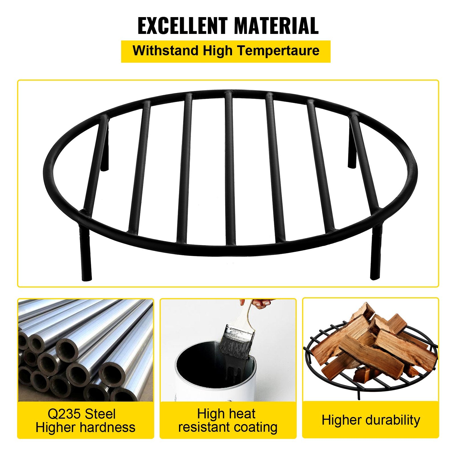 VEVOR Fire Pit Grate, Heavy Duty Iron Round Firewood Grate, Round Wood Fire Pit Grate 19", Firepit Grate with Black Paint, Fire Grate with 4 Removable Round Legs for Burning Fireplace and Firepits 