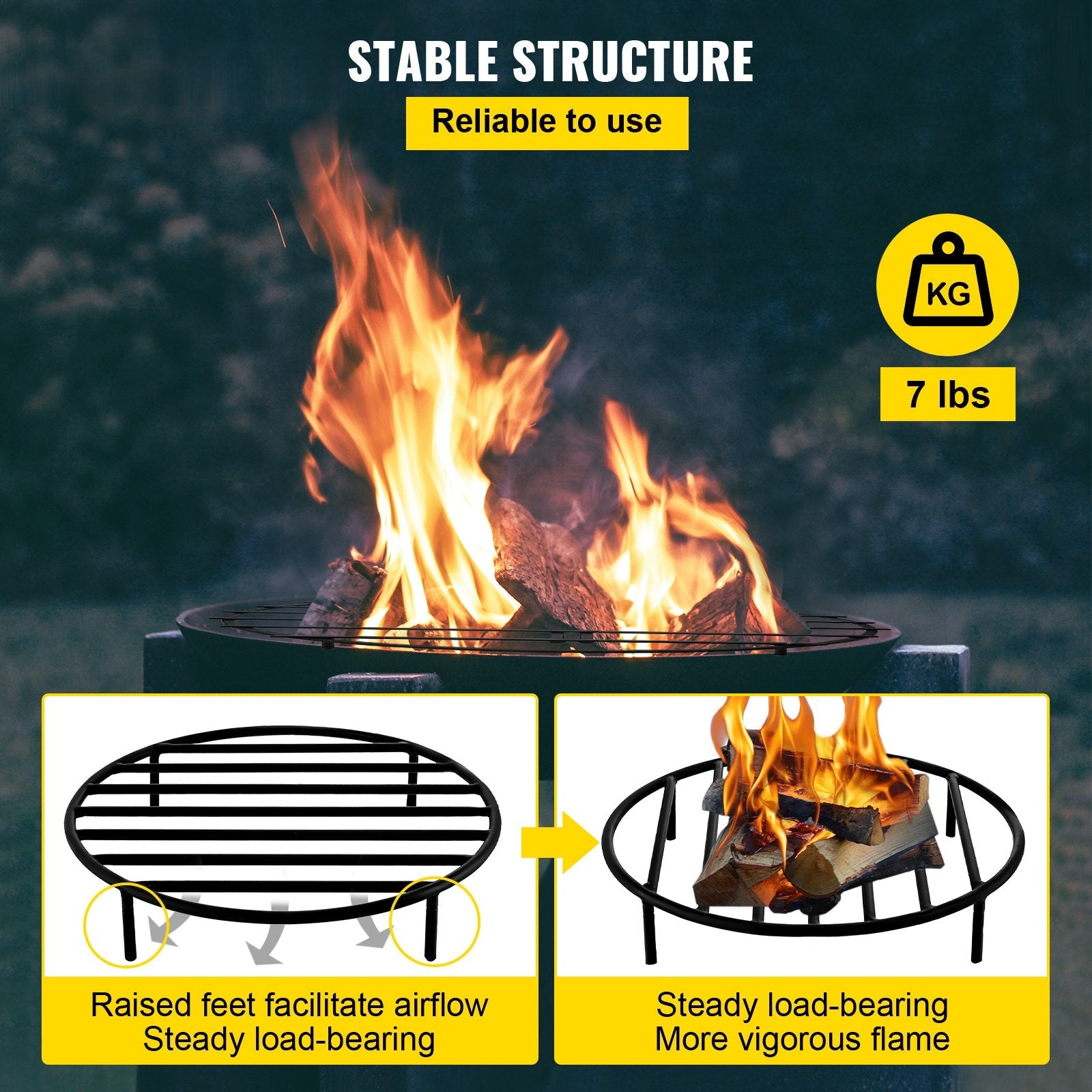 VEVOR Fire Pit Grate, Heavy Duty Iron Round Firewood Grate, Round Wood Fire Pit Grate 19", Firepit Grate with Black Paint, Fire Grate with 4 Removable Round Legs for Burning Fireplace and Firepits 
