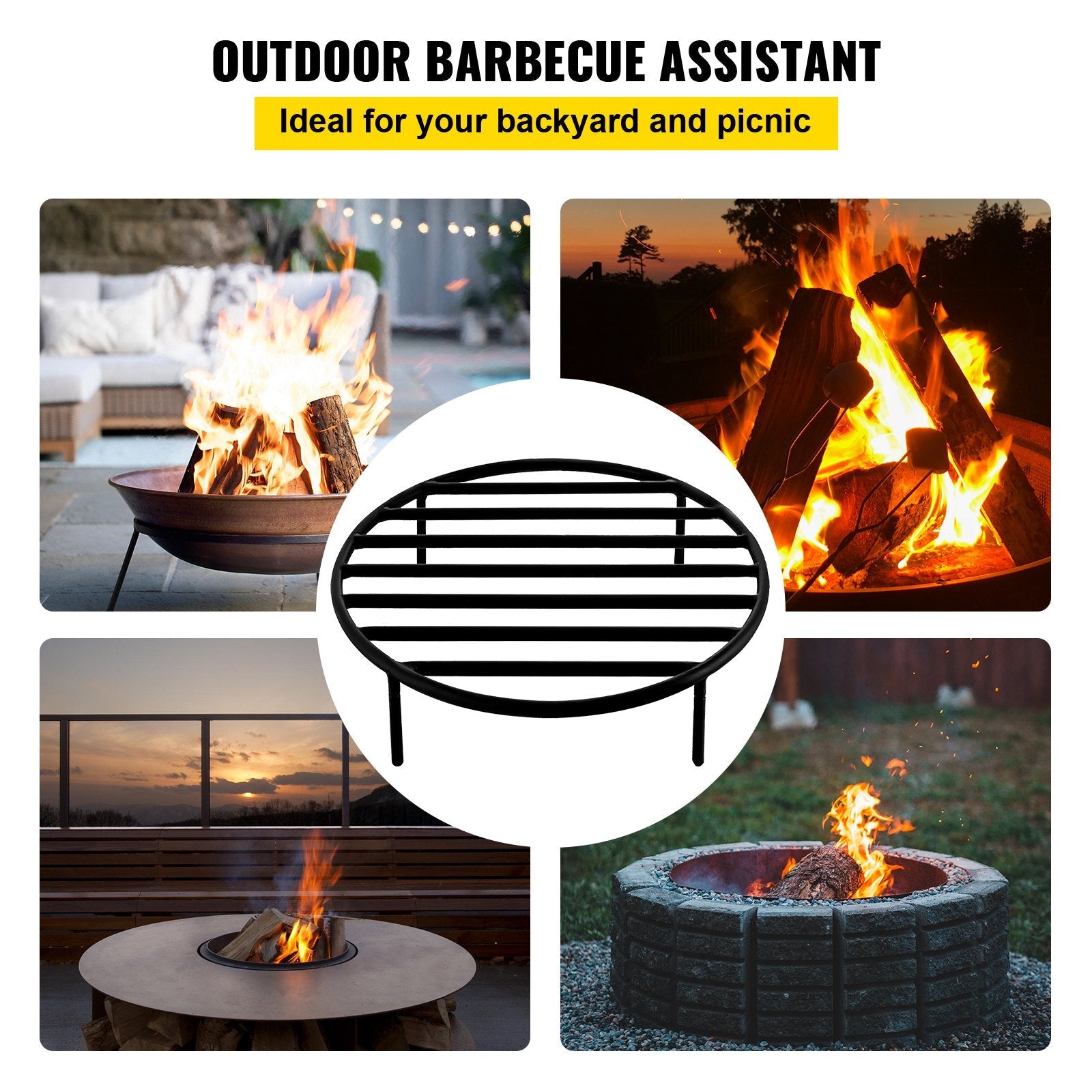 VEVOR Fire Pit Grate, Heavy Duty Iron Round Firewood Grate, Round Wood Fire Pit Grate 19", Firepit Grate with Black Paint, Fire Grate with 4 Removable Round Legs for Burning Fireplace and Firepits 