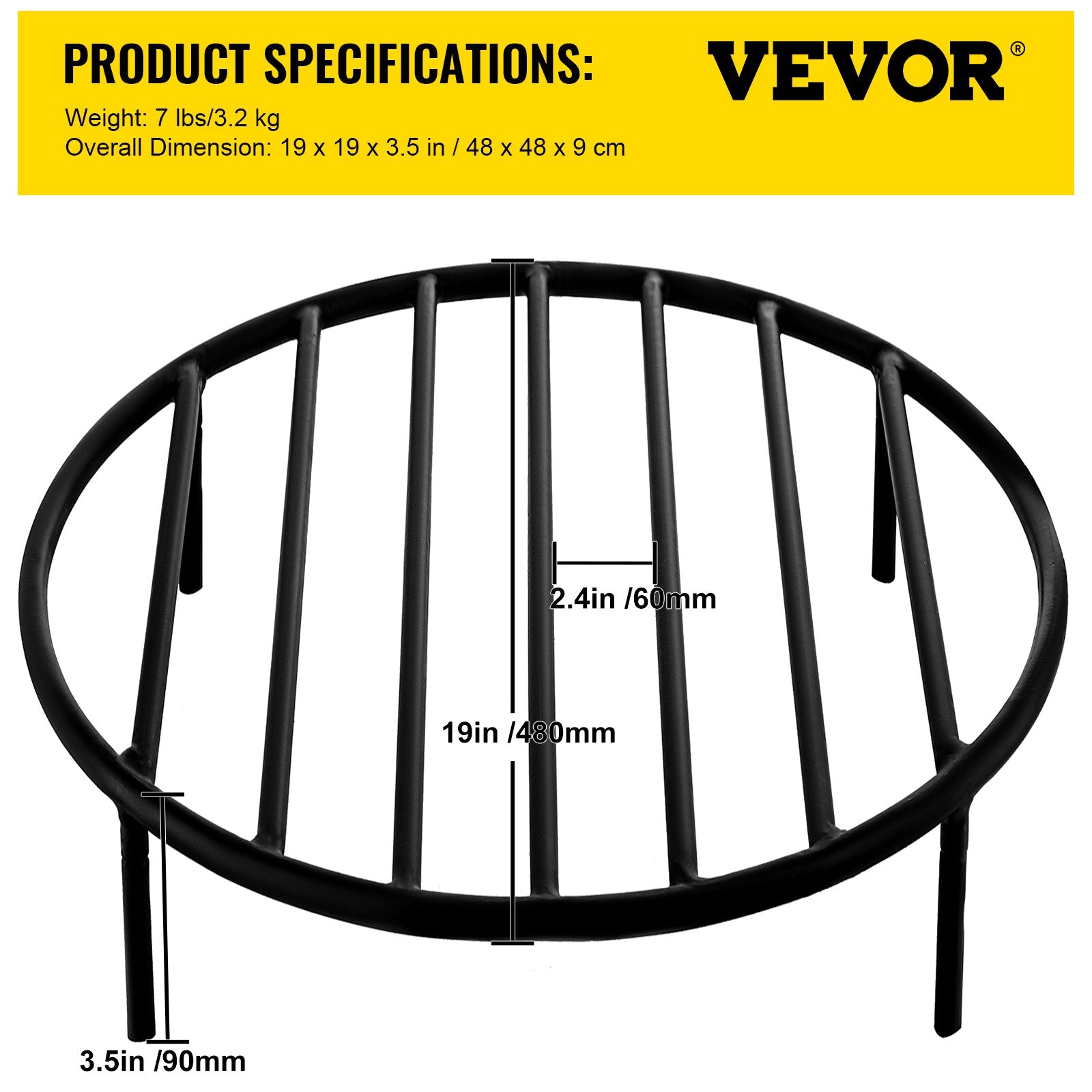 VEVOR Fire Pit Grate, Heavy Duty Iron Round Firewood Grate, Round Wood Fire Pit Grate 19", Firepit Grate with Black Paint, Fire Grate with 4 Removable Round Legs for Burning Fireplace and Firepits 