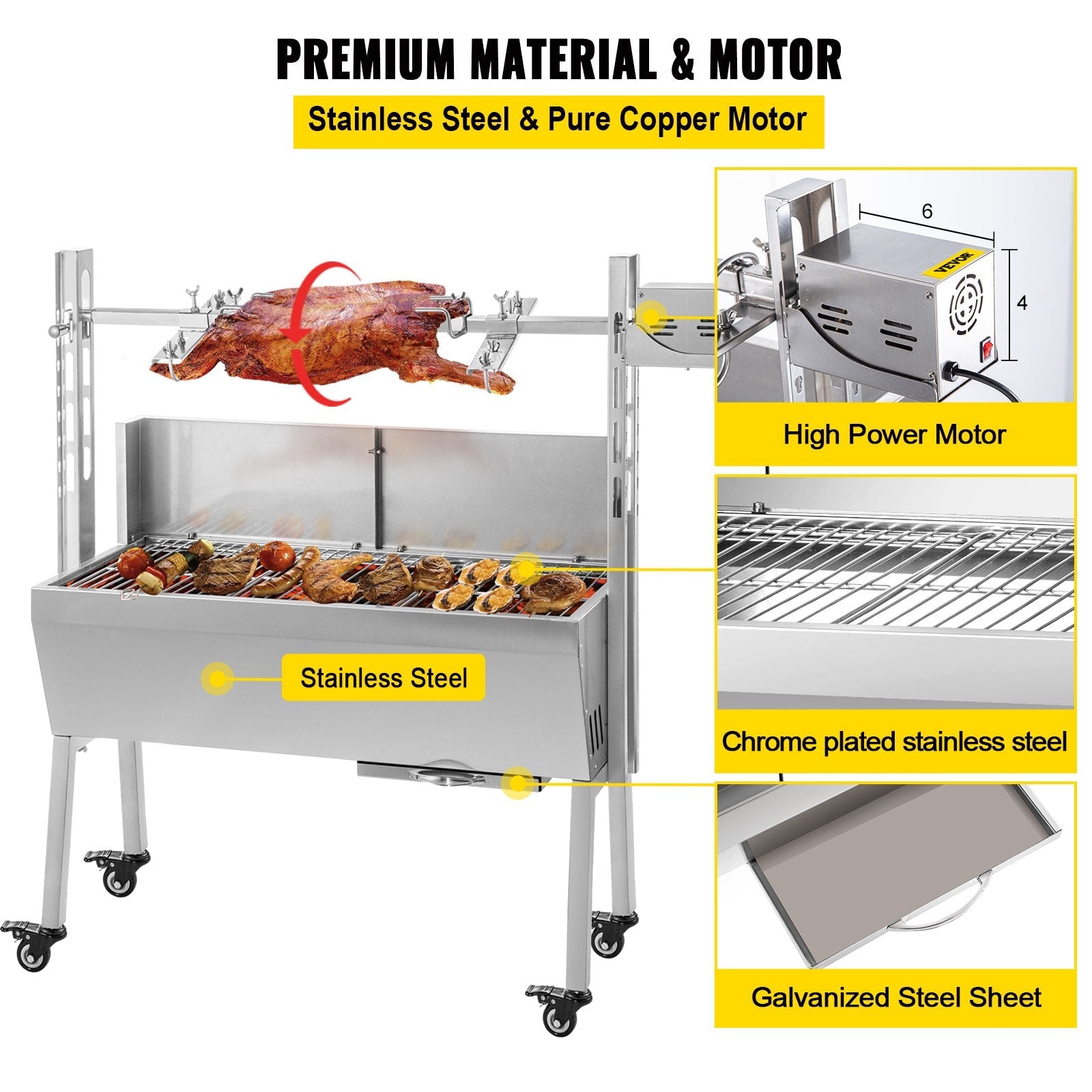 VEVOR 132 lbs/60KG 110V 132 lbs/60KG Rotisserie Grill Roaster BBQ Pig Lamb Stainless Steel, 132 lbs/60KG 