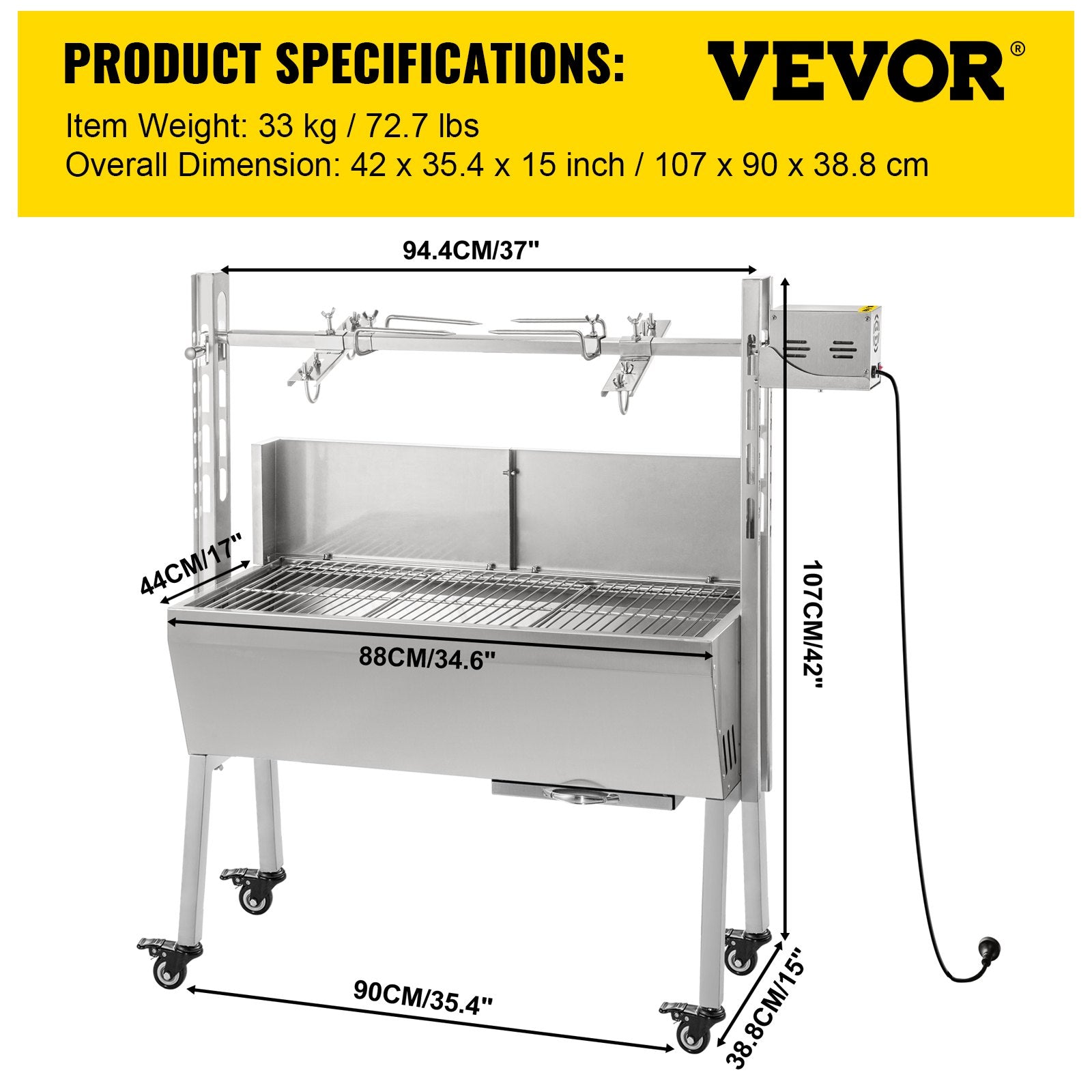 VEVOR 132 lbs/60KG 110V 132 lbs/60KG Rotisserie Grill Roaster BBQ Pig Lamb Stainless Steel, 132 lbs/60KG 
