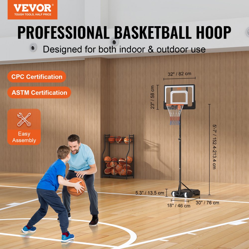VEVOR Basketball Hoop, 5-7 ft Adjustable Height Portable Backboard System, 32 inch Basketball Hoop & Goal, Kids & Adults Basketball Set with Wheels, Stand, and Fillable Base, for Outdoor/Indoor 