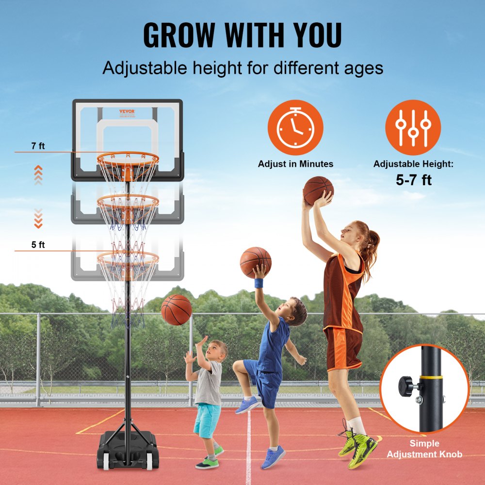 VEVOR Basketball Hoop, 5-7 ft Adjustable Height Portable Backboard System, 32 inch Basketball Hoop & Goal, Kids & Adults Basketball Set with Wheels, Stand, and Fillable Base, for Outdoor/Indoor 