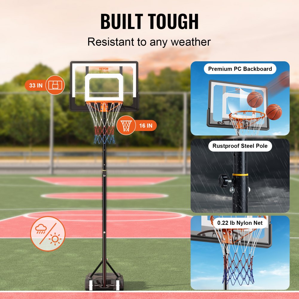 VEVOR Basketball Hoop, 5-7 ft Adjustable Height Portable Backboard System, 32 inch Basketball Hoop & Goal, Kids & Adults Basketball Set with Wheels, Stand, and Fillable Base, for Outdoor/Indoor 
