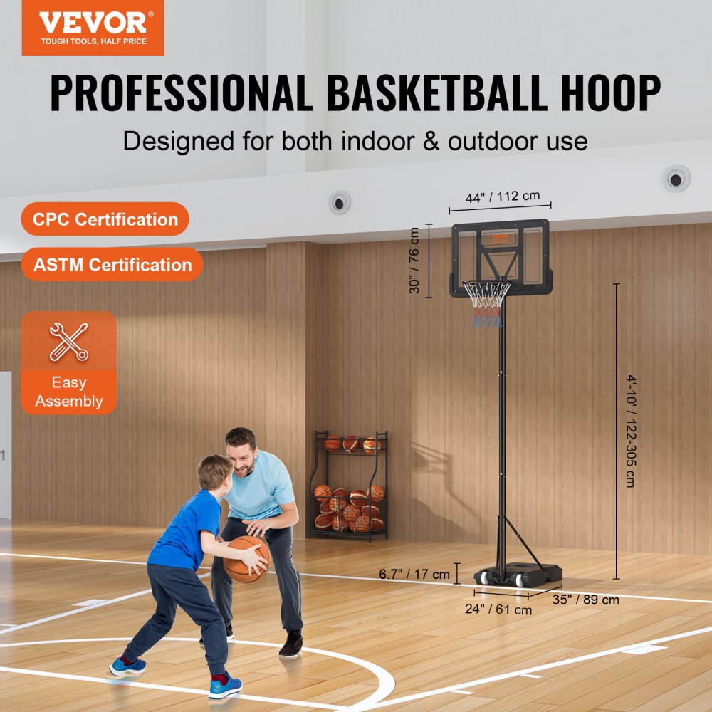VEVOR Basketball Hoop, 4-10 ft Adjustable Height Portable Backboard System, 44 inch Basketball Hoop & Goal, Kids & Adults Basketball Set with Wheels, Stand, and Fillable Base, for Outdoor/Indoor 