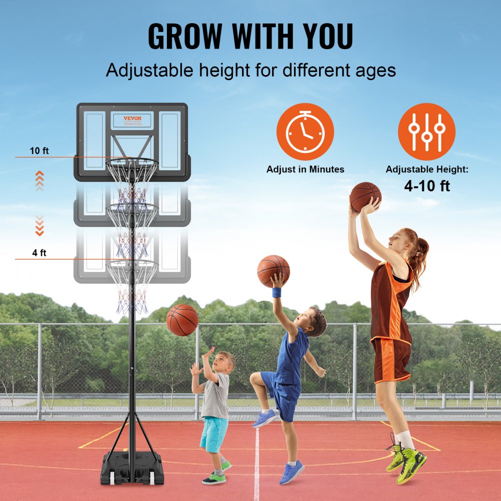 VEVOR Basketball Hoop, 4-10 ft Adjustable Height Portable Backboard System, 44 inch Basketball Hoop & Goal, Kids & Adults Basketball Set with Wheels, Stand, and Fillable Base, for Outdoor/Indoor 