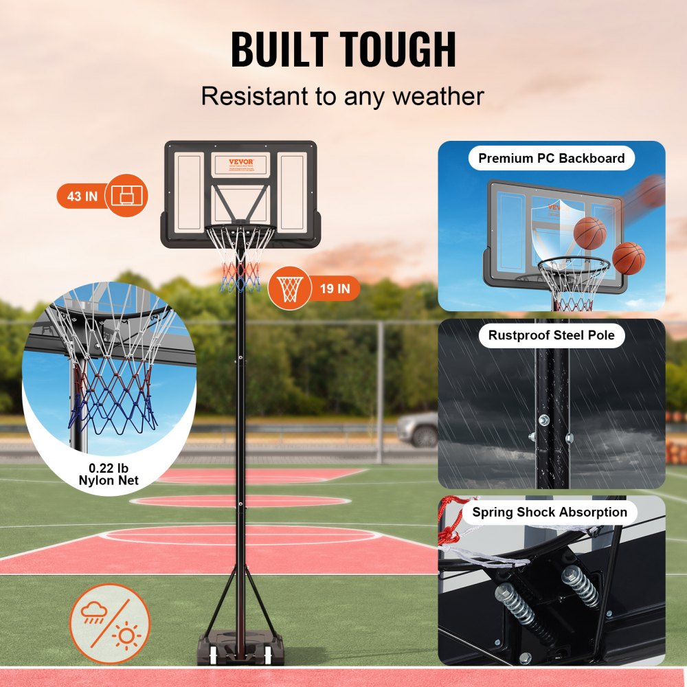 VEVOR Basketball Hoop, 4-10 ft Adjustable Height Portable Backboard System, 44 inch Basketball Hoop & Goal, Kids & Adults Basketball Set with Wheels, Stand, and Fillable Base, for Outdoor/Indoor 