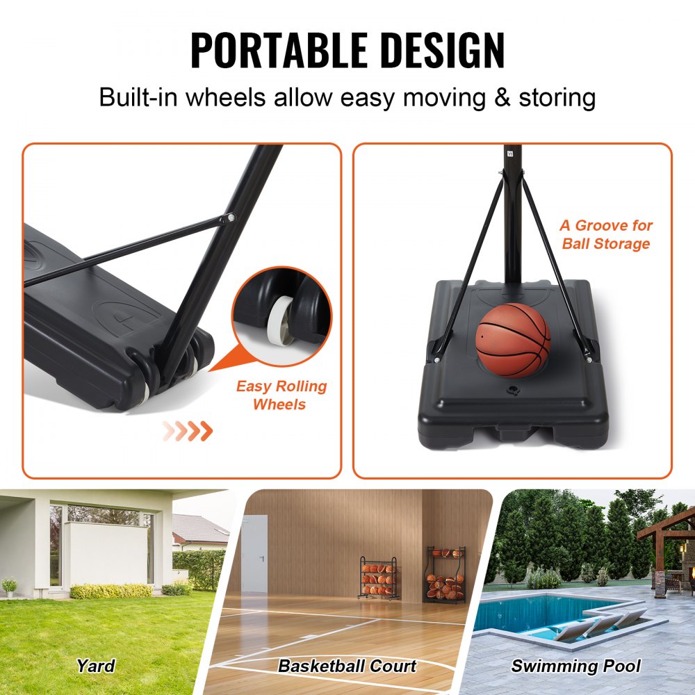 VEVOR Basketball Hoop, 4-10 ft Adjustable Height Portable Backboard System, 44 inch Basketball Hoop & Goal, Kids & Adults Basketball Set with Wheels, Stand, and Fillable Base, for Outdoor/Indoor 