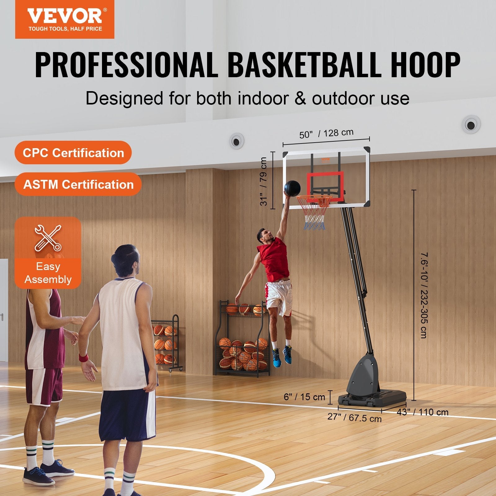 VEVOR Basketball Hoop, 7.6-10 ft Adjustable Height Portable Backboard System, 50 inch Basketball Hoop & Goal, Kids & Adults Basketball Set with Wheels, Stand, and Fillable Base, for Outdoor/Indoor 