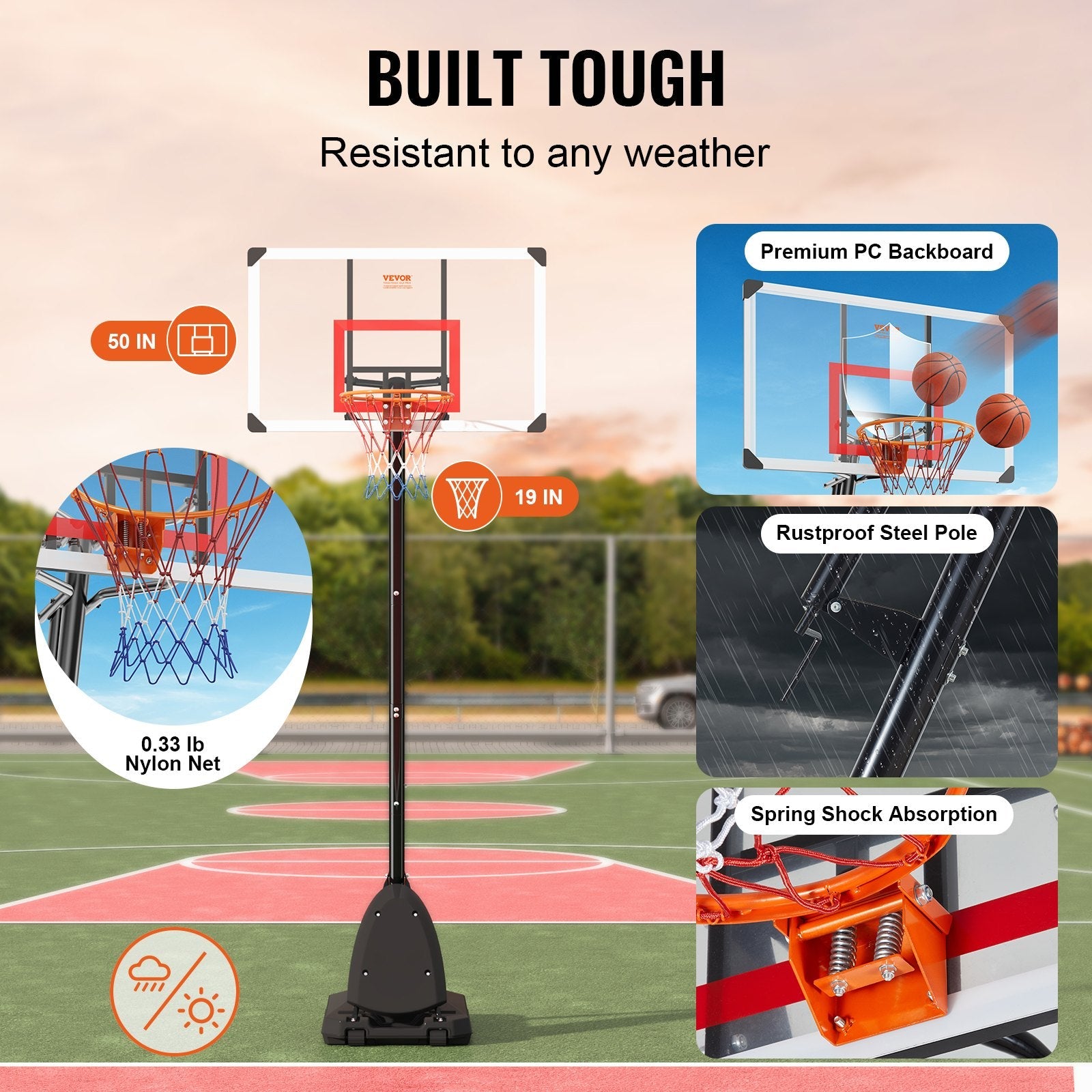 VEVOR Basketball Hoop, 7.6-10 ft Adjustable Height Portable Backboard System, 50 inch Basketball Hoop & Goal, Kids & Adults Basketball Set with Wheels, Stand, and Fillable Base, for Outdoor/Indoor 