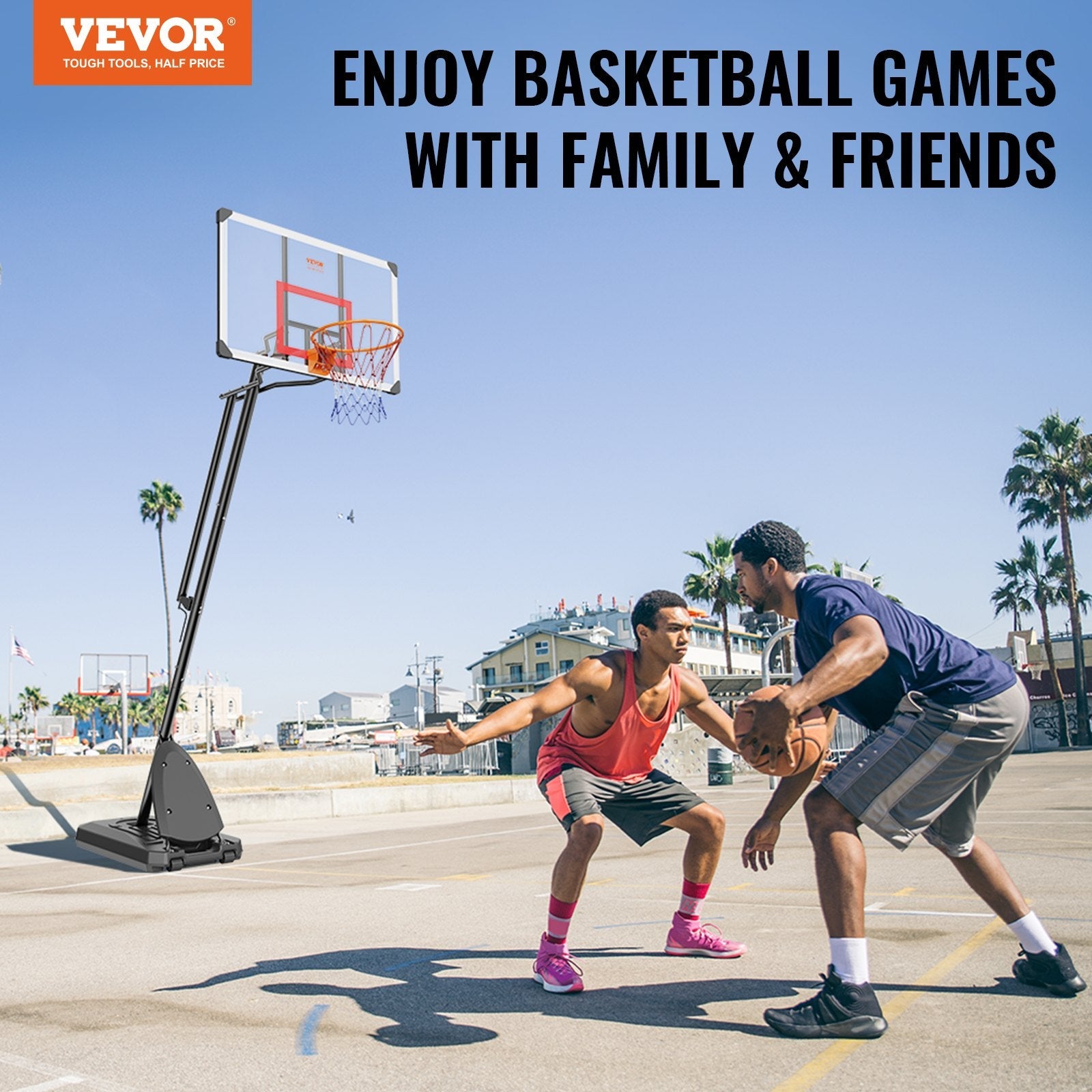 VEVOR Basketball Hoop, 7.6-10 ft Adjustable Height Portable Backboard System, 50 inch Basketball Hoop & Goal, Kids & Adults Basketball Set with Wheels, Stand, and Fillable Base, for Outdoor/Indoor 