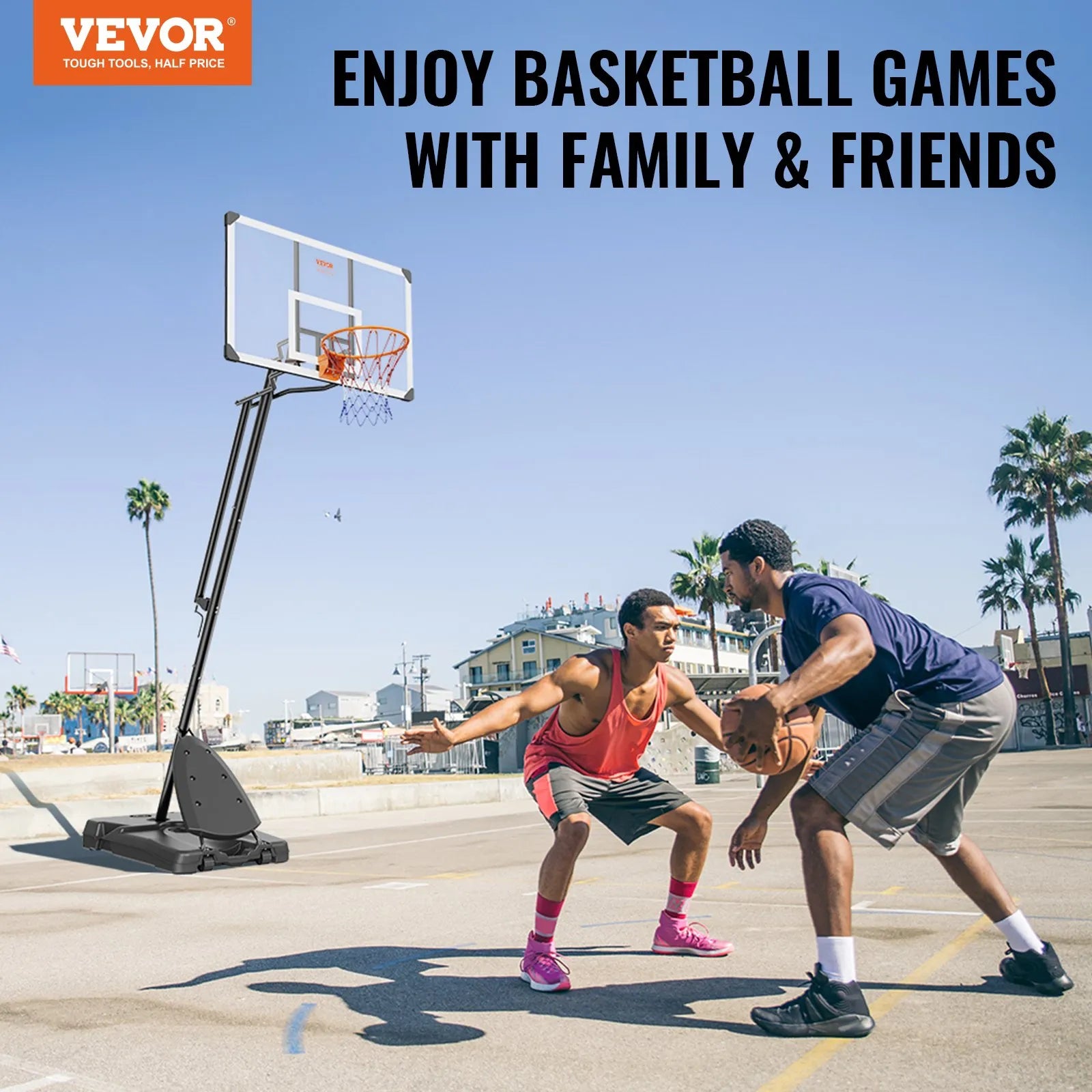VEVOR Basketball Hoop, 7.6-10 ft Adjustable Height Portable Backboard System, 54 inch Basketball Hoop & Goal, Kids & Adults Basketball Set with Wheels, Stand, and Fillable Base, for Outdoor/Indoor