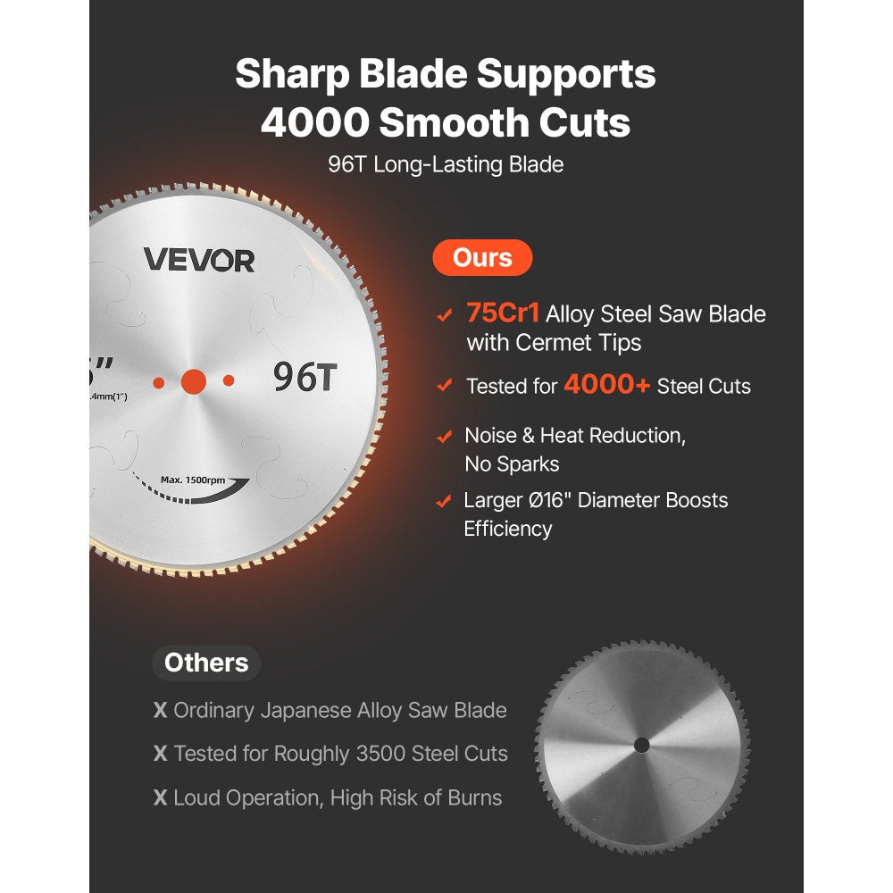 16-Inch 3000W Cold Cut Chop Saw – Metal Cutting Saw with 96-Tooth Blade, -45° to 45° Miter Adjustment