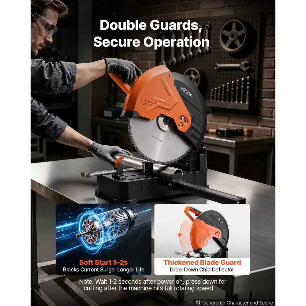 16-Inch 3000W Cold Cut Chop Saw – Metal Cutting Saw with 96-Tooth Blade, -45° to 45° Miter Adjustment