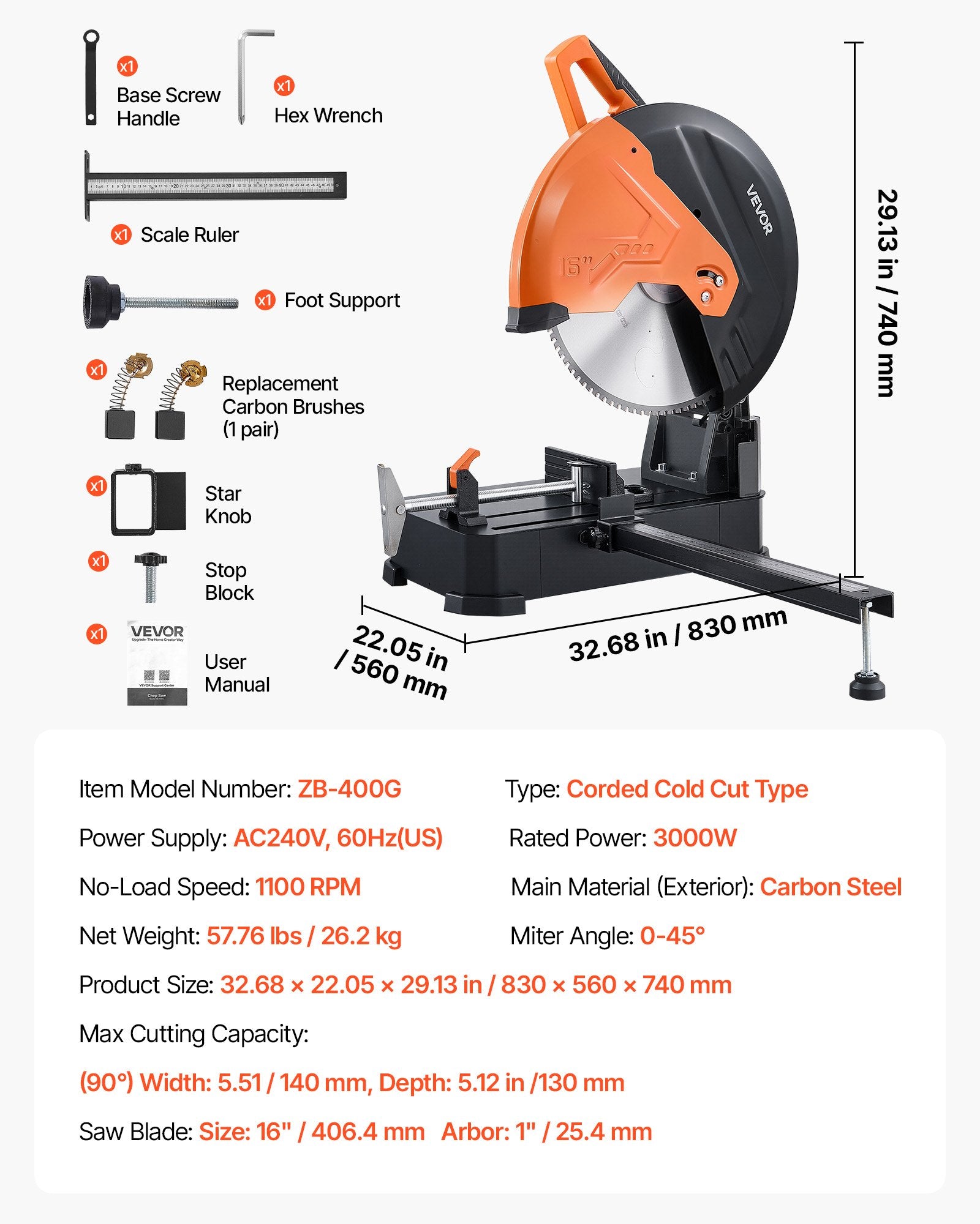 16-Inch 3000W Cold Cut Chop Saw – Metal Cutting Saw with 96-Tooth Blade, -45° to 45° Miter Adjustment
