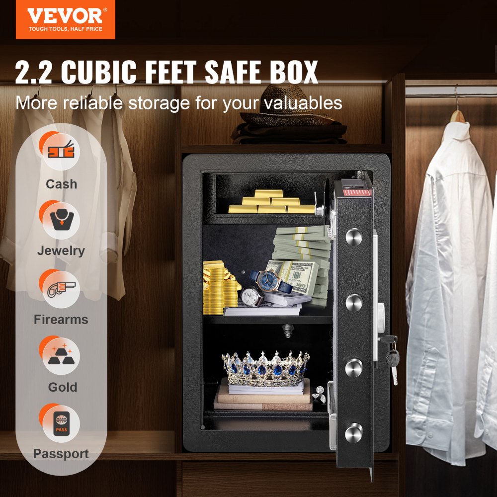 VEVOR Safe, 2.2 Cubic Feet Home Safe, Steel Security Safe with Fingerprint, Digital Keypad and 2 Keys, Cabinet Safe with Large Fire-proof Bag, Protect Cash, Gold, Jewelry, Documents, 15.8x13x23.6 inch 