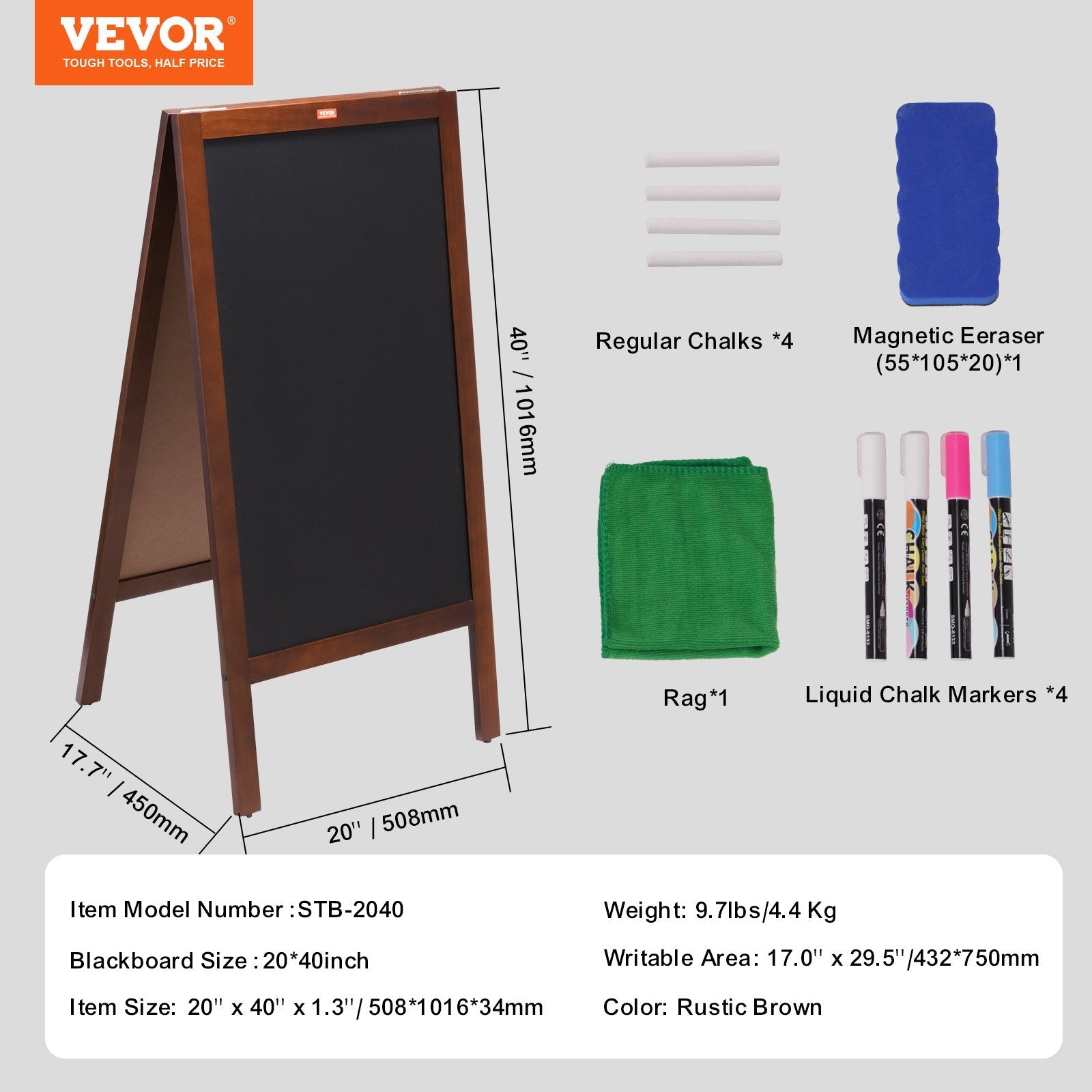 VEOVR A Frame Chalkboard Sign, 20"x40" Double-Sided Sidewalk Signs, Freestanding Vintage Wooden Chalk Board with Chalks & Magnetic Eraser, Rustic Brown Outdoor Sandwich Board For Kitchen Home Wedding 