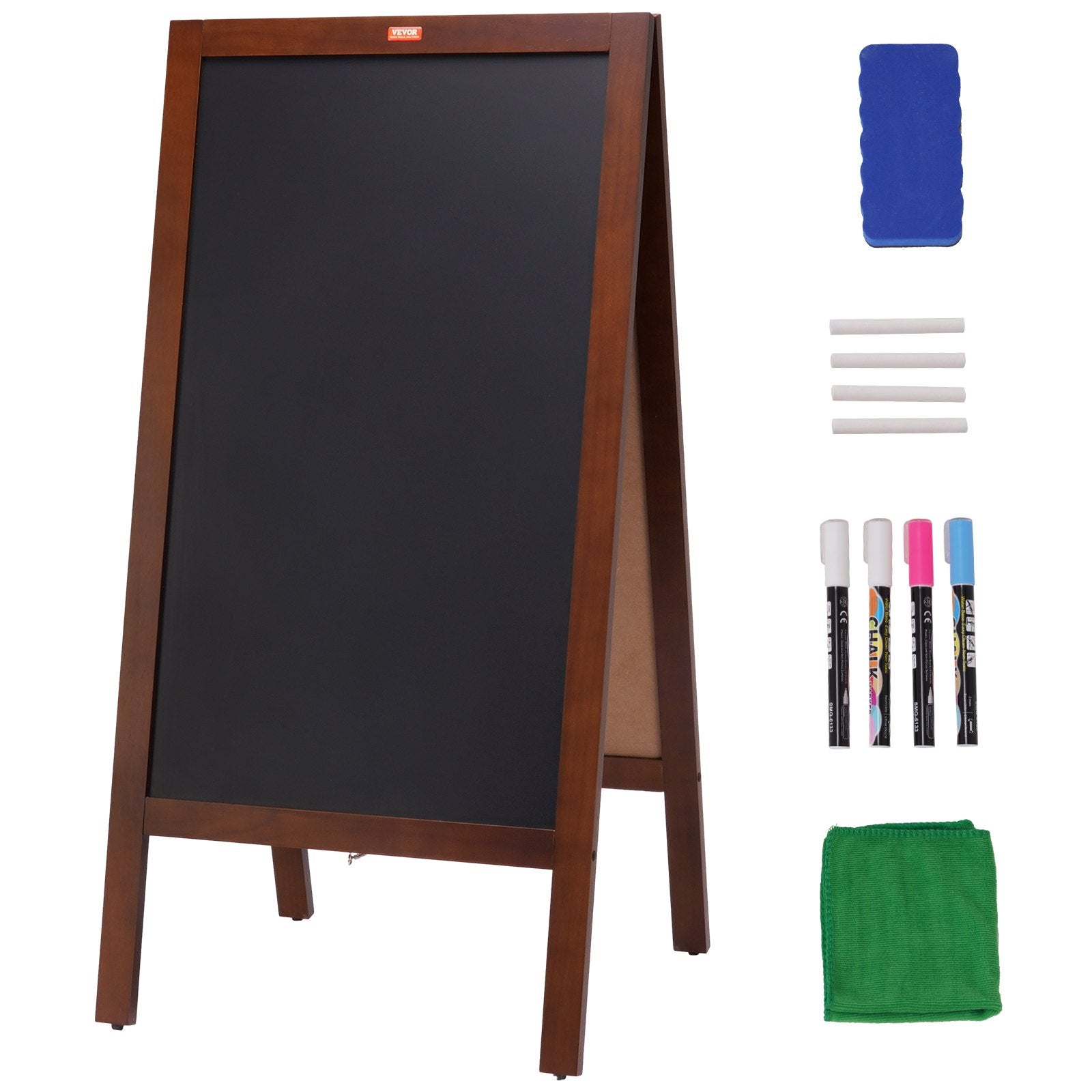 VEOVR A Frame Chalkboard Sign, 20"x40" Double-Sided Sidewalk Signs, Freestanding Vintage Wooden Chalk Board with Chalks & Magnetic Eraser, Rustic Brown Outdoor Sandwich Board For Kitchen Home Wedding 