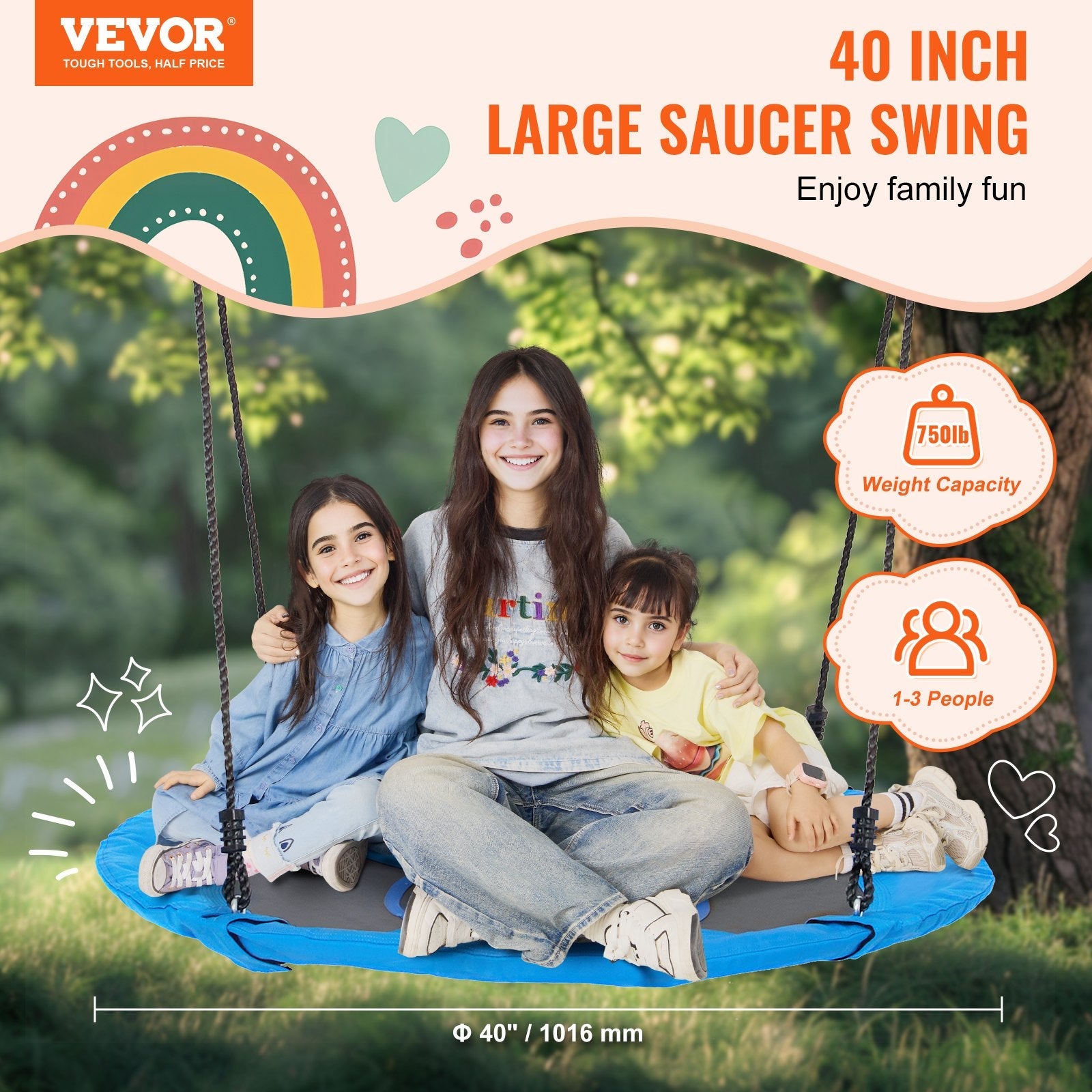 VEVOR Tree Swing 40 In Saucer Swing 750lbs Weight Capacity 900D Oxford Blue 