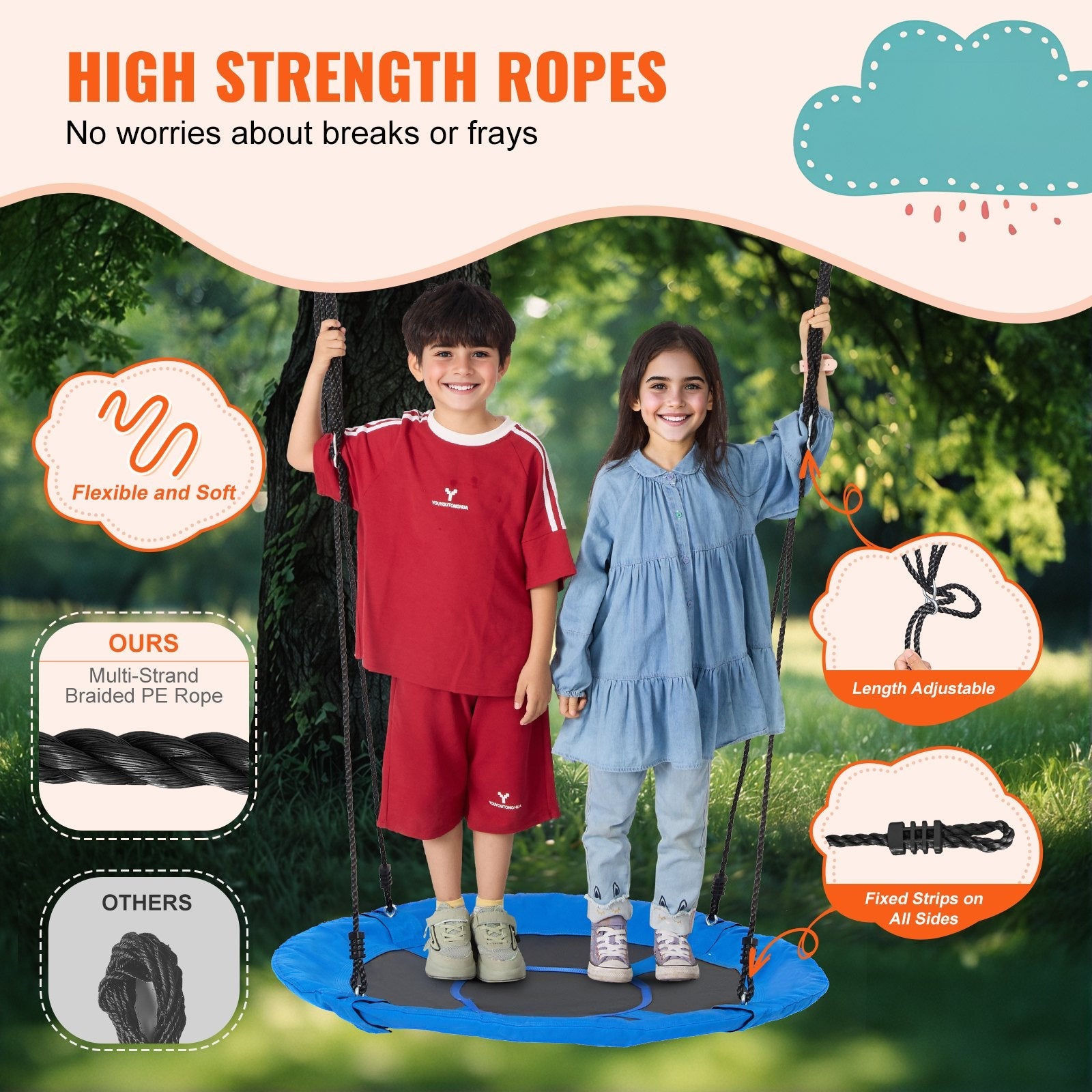 VEVOR Tree Swing 40 In Saucer Swing 750lbs Weight Capacity 900D Oxford Blue 