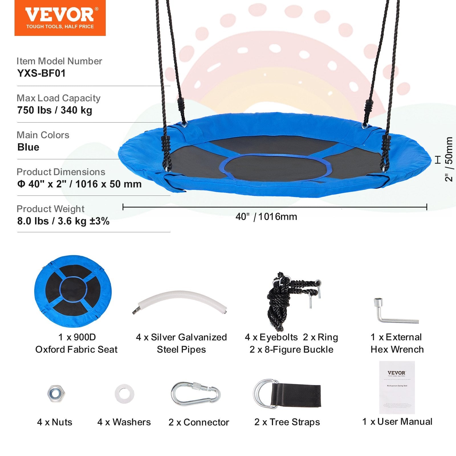 VEVOR Tree Swing 40 In Saucer Swing 750lbs Weight Capacity 900D Oxford Blue 