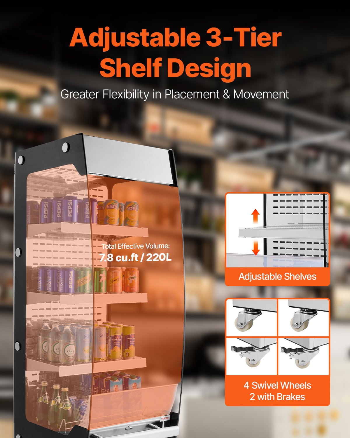 VEVOR Open Air Merchandiser 3-Tier Display Cooler with Air Curtain 7.8cu.ft. 