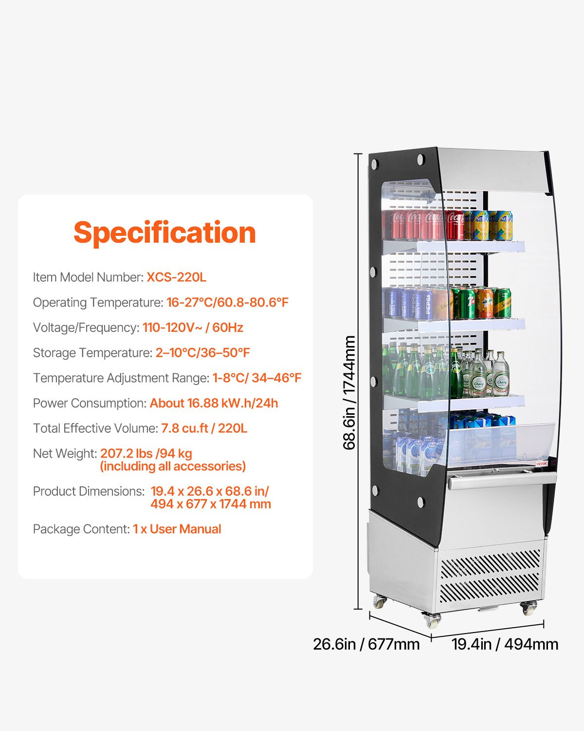VEVOR Open Air Merchandiser 3-Tier Display Cooler with Air Curtain 7.8cu.ft. 