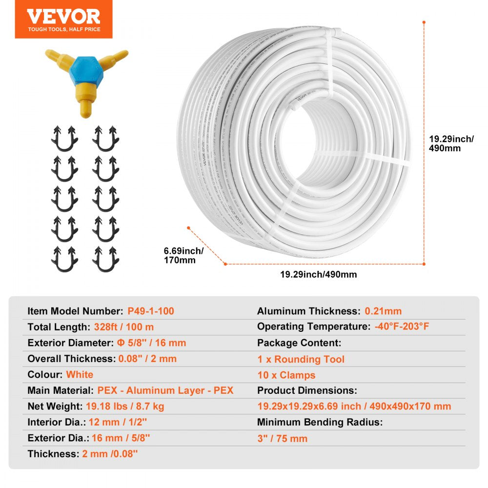 VEVOR PEX-AL-PEX Tube, 328ft, 5/8'' Diameter Aluminum-Plastic Composite Pipe Oxygen Barrier Radiant Floor PEX Pipe, 0.08'' Thickness Radiant Heat Floor Plumbing Inner Aluminum Layer PEX Tubing Pipe 