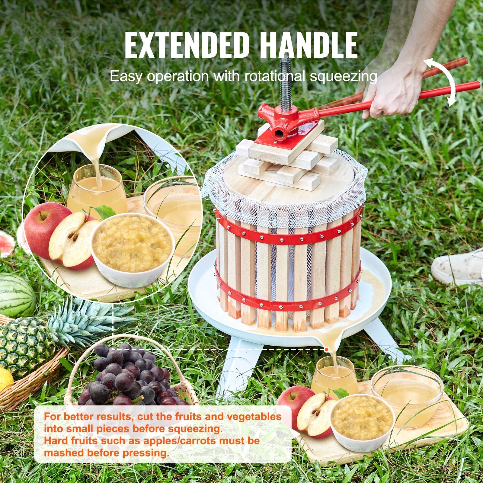 VEVOR Fruit Wine Press, 2.98 Gal/11.3L, Solid Wood Basket with 6 Blocks, Manual Juice Maker, Cider Apple Grape Tincture Vegetables Honey Olive Oil Making Press with Pole Handle Bar for Kitchen, Home 