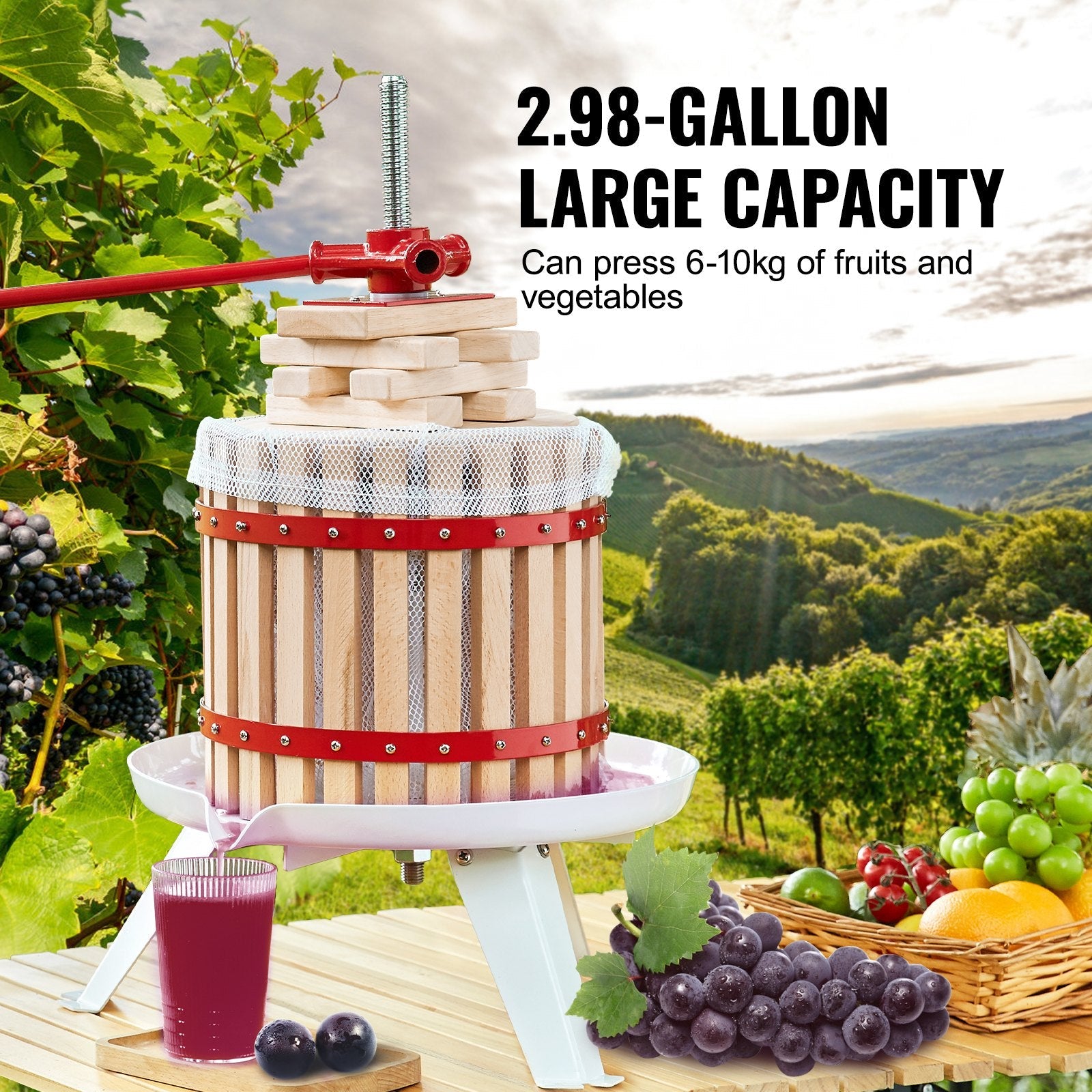 VEVOR Fruit Wine Press, 2.98 Gal/11.3L, Solid Wood Basket with 6 Blocks, Manual Juice Maker, Cider Apple Grape Tincture Vegetables Honey Olive Oil Making Press with Pole Handle Bar for Kitchen, Home 