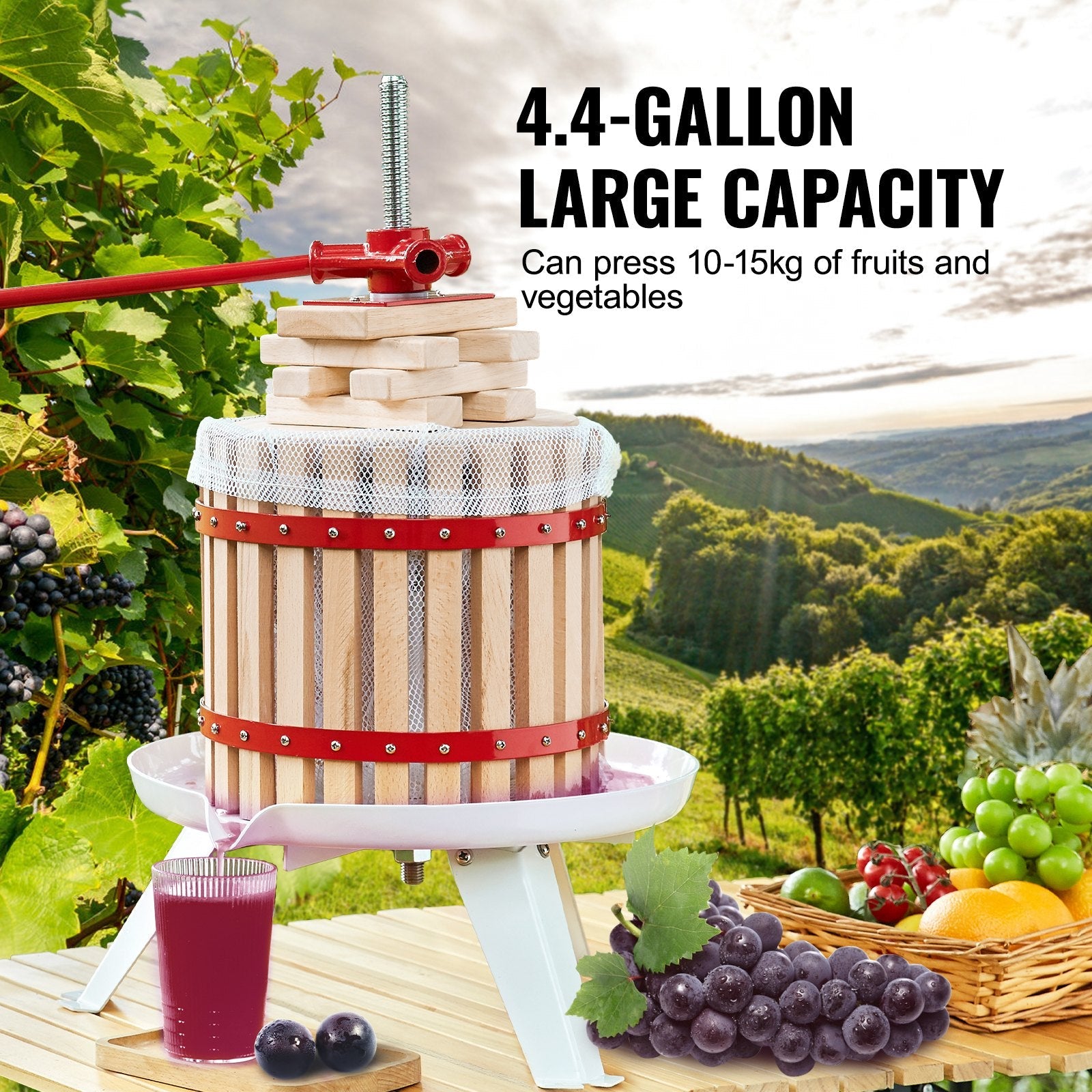 VEVOR Fruit Wine Press, 4.4 Gallon/16.7L, Solid Wood Basket with 8 Blocks, Manual Juice Maker, Cider Apple Grape Tincture Vegetables Honey Olive Oil Making Press with Pole Handle Bar for Kitchen, Home 