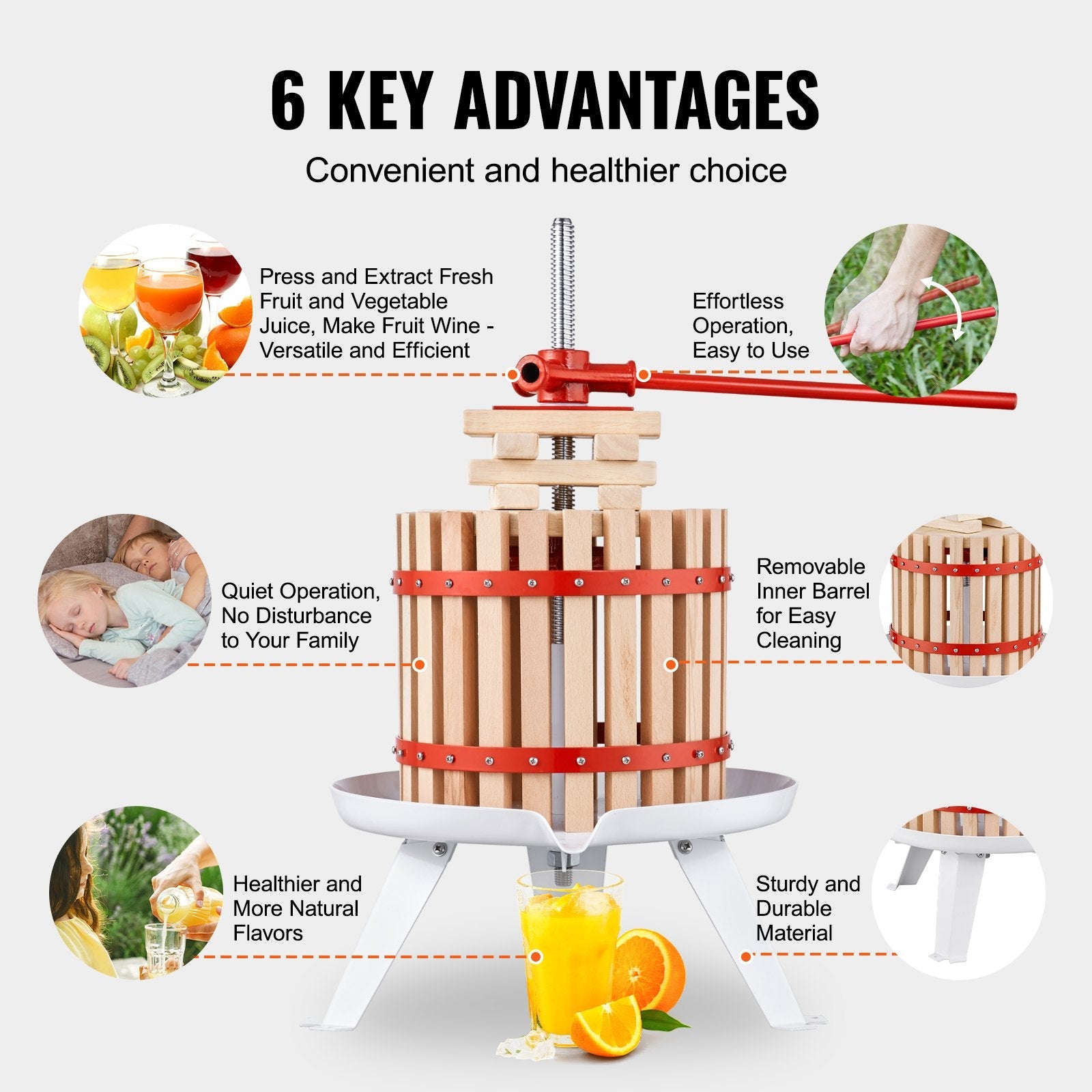 VEVOR Fruit Wine Press, 1.6 Gal/6.4L, Solid Wood Basket with 6 Blocks, Manual Juice Maker, Cider Apple Grape Tincture Vegetables Honey Olive Oil Making Press with Pole Handle Bar for Kitchen and Home 