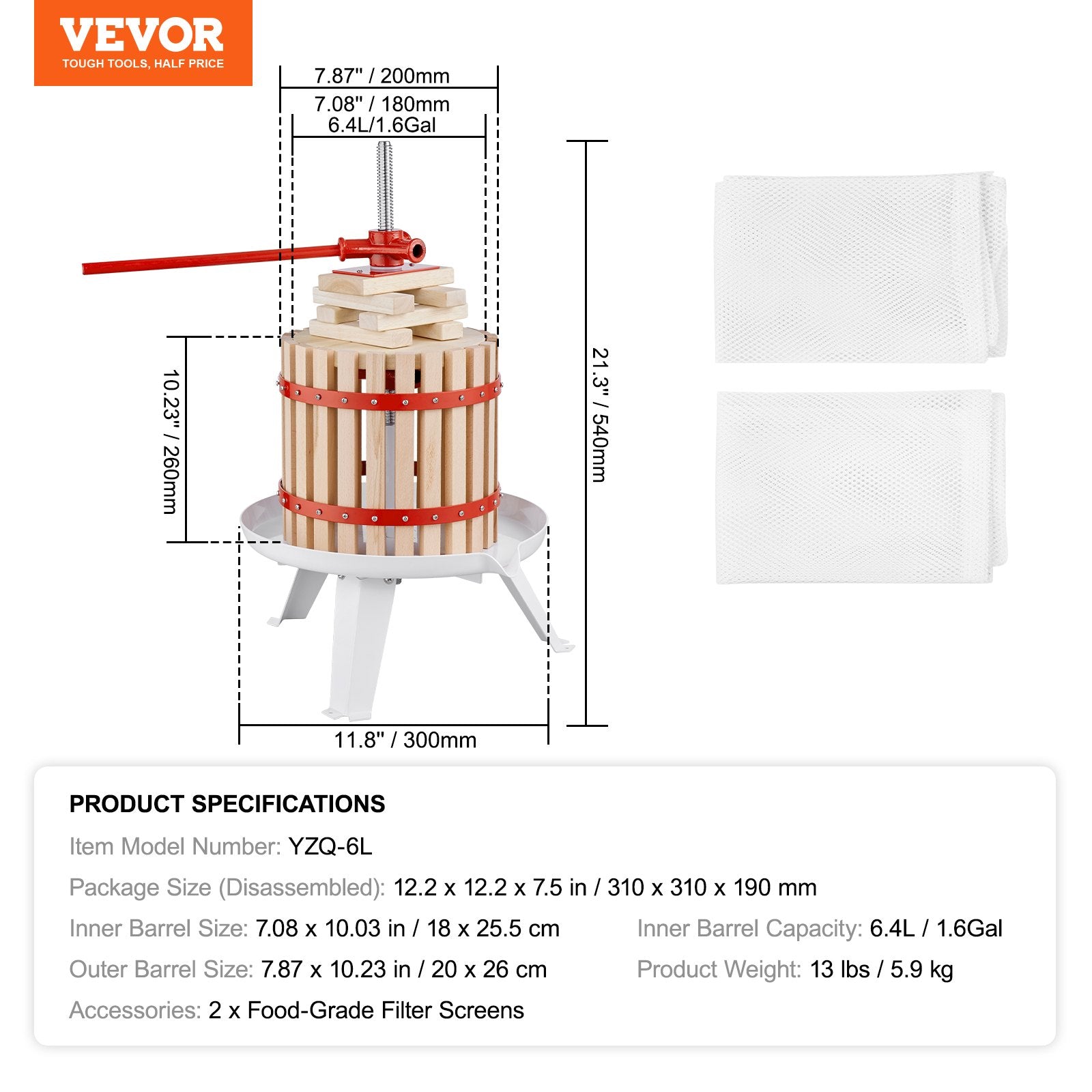 VEVOR Fruit Wine Press, 1.6 Gal/6.4L, Solid Wood Basket with 6 Blocks, Manual Juice Maker, Cider Apple Grape Tincture Vegetables Honey Olive Oil Making Press with Pole Handle Bar for Kitchen and Home 