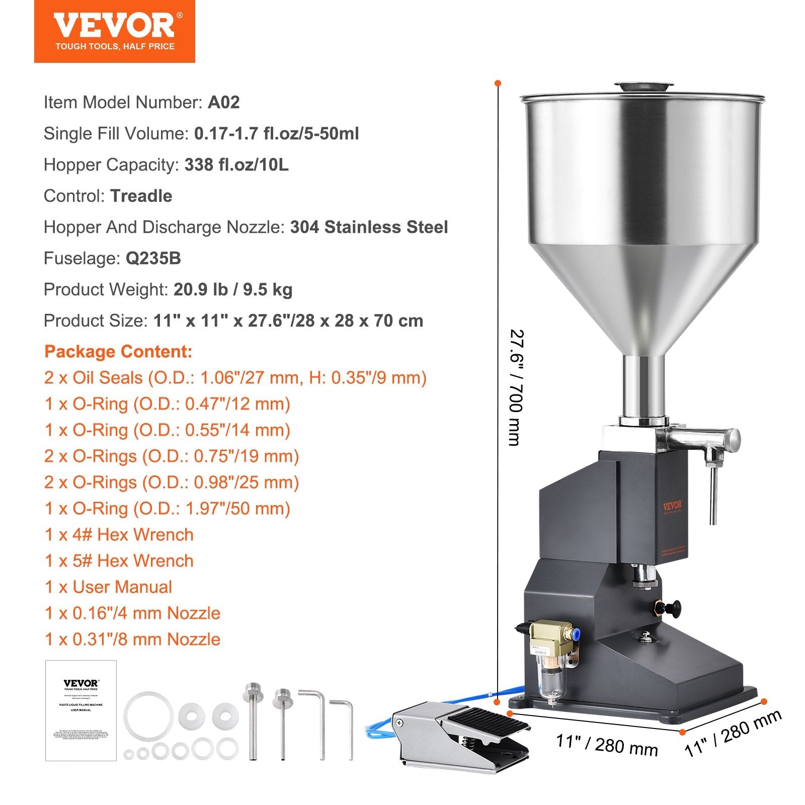 VEVOR Pneumatic Paste Liquid Filling Machine, 5-50ml Bottle Filler, Bottle Filling Machine, Stainless Steel Liquid Filler with Pedal for Milk Water Juice Essential Oil Shampoo Cosmetic Honey Lotion 