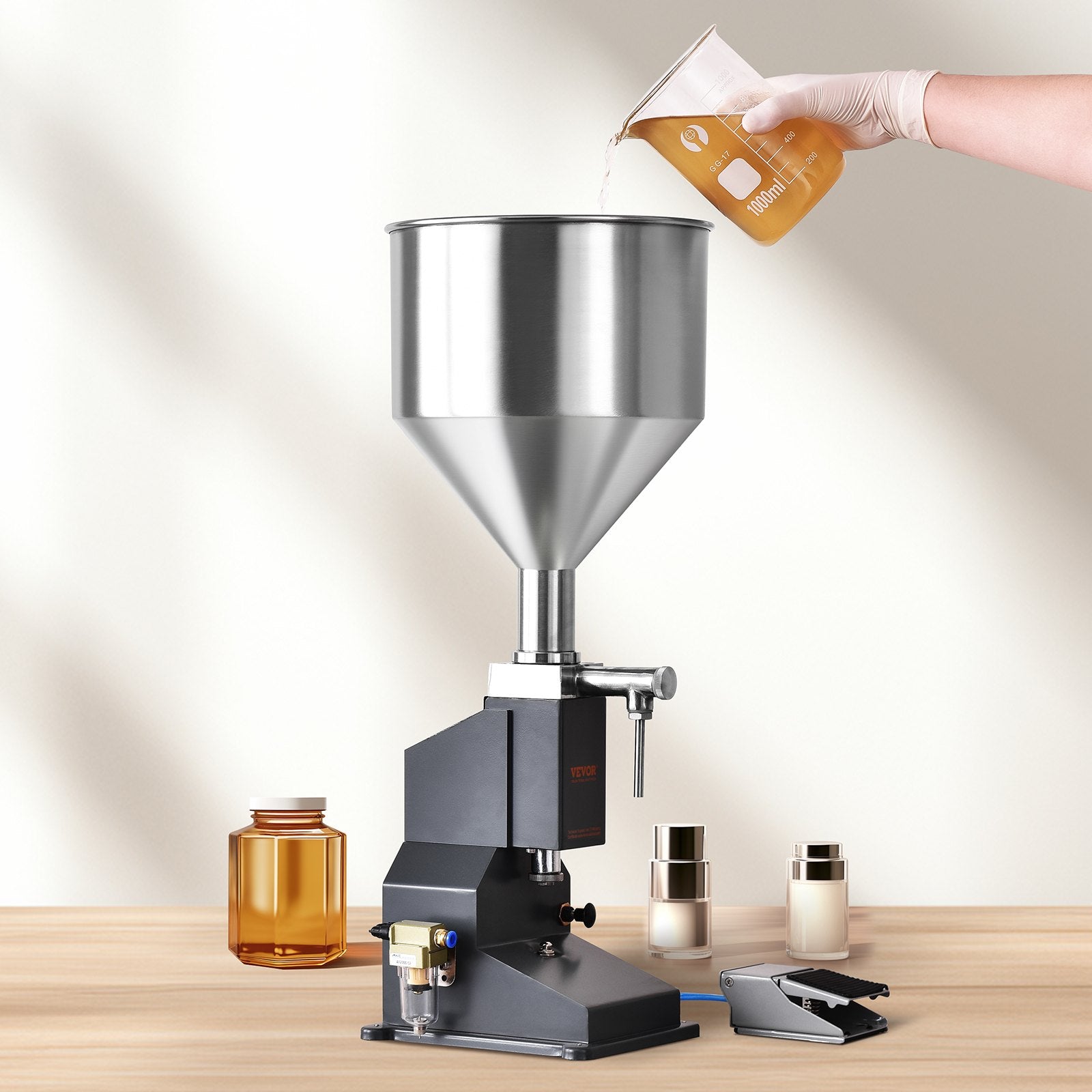 VEVOR Pneumatic Paste Liquid Filling Machine, 5-50ml Bottle Filler, Bottle Filling Machine, Stainless Steel Liquid Filler with Pedal for Milk Water Juice Essential Oil Shampoo Cosmetic Honey Lotion 