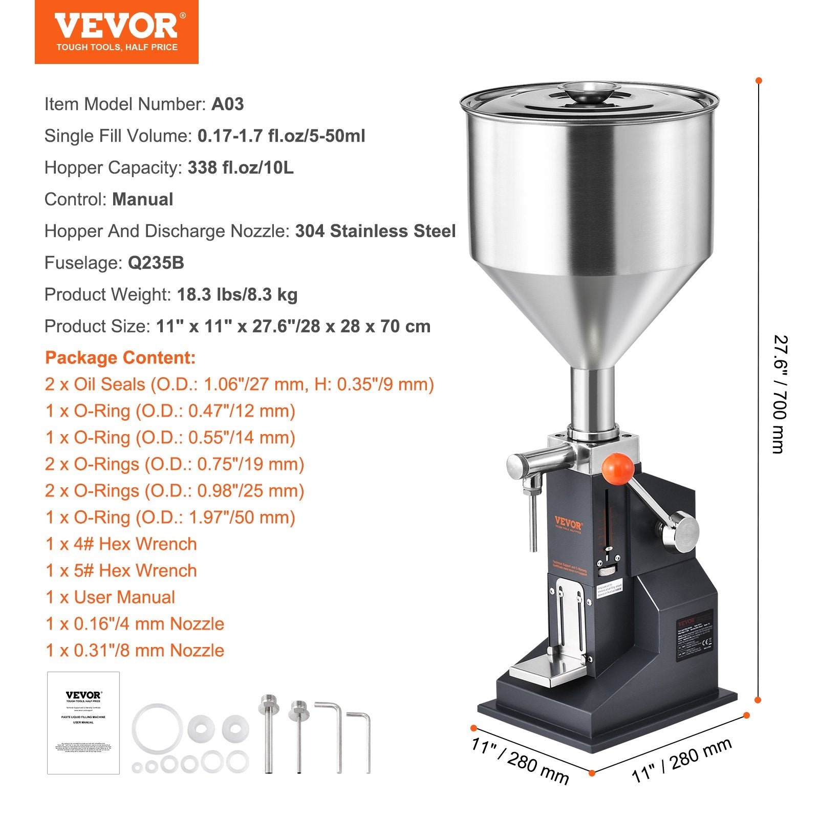 VEVOR Manual Paste Liquid Filling Machine, 5-50ml Bottle Filler, Adjustable Bottle Filling Machine, Stainless Steel Liquid Filler with Hopper for Milk Water Juice Essential Oil Shampoo Cosmetic Honey 