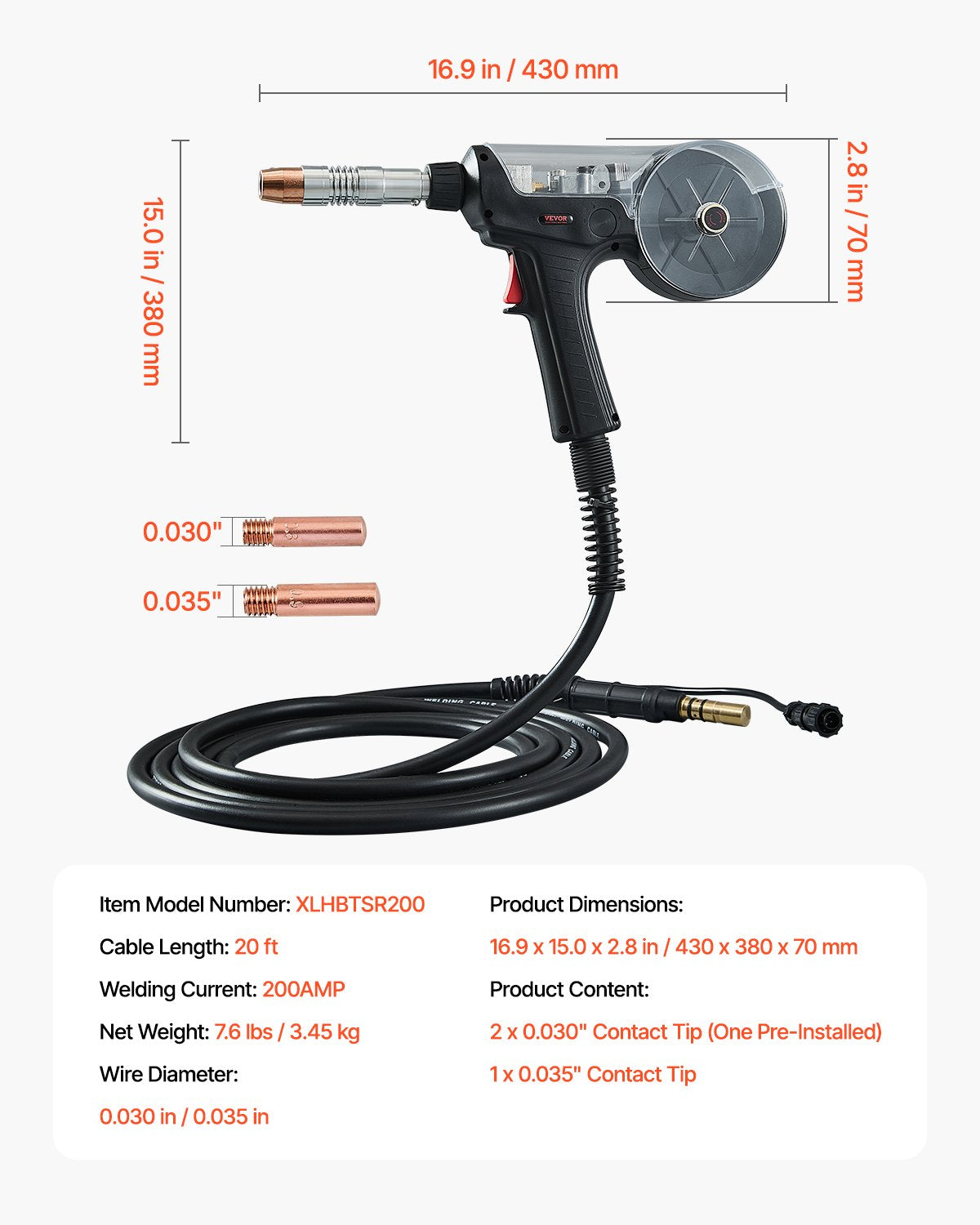VEVOR 200Amp Spool Gun with 20FT Cable Compatible with Hobart lronMan 240 Welder 