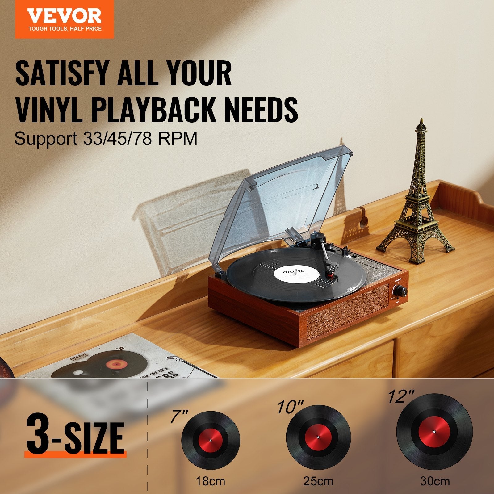 VEVOR Bluetooth Vinyl Record Player 3-Speed Belt Driven Turntable 10W Speakers 