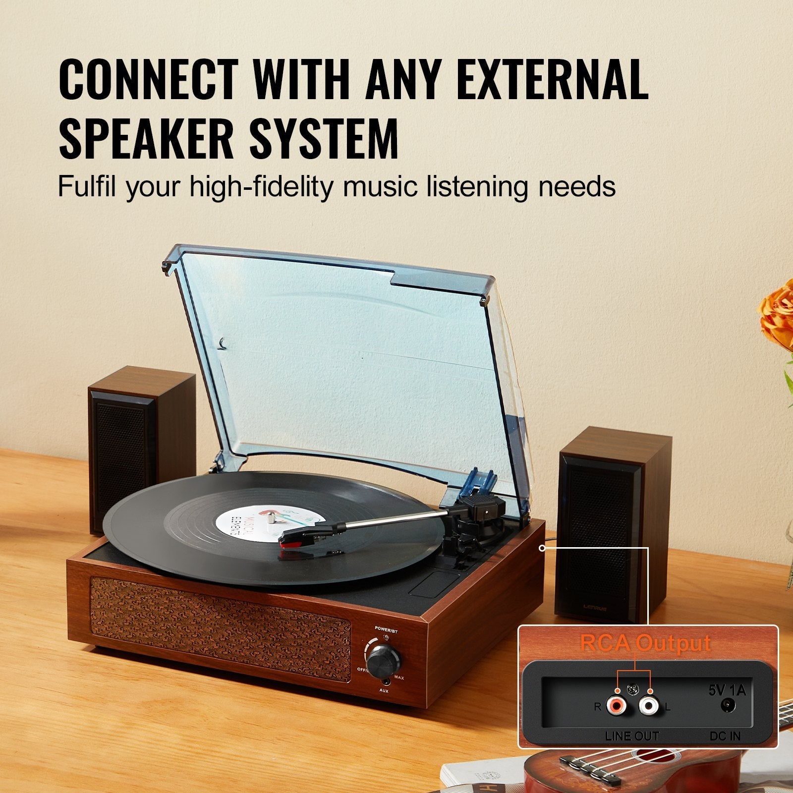 VEVOR Bluetooth Vinyl Record Player 3-Speed Belt Driven Turntable 10W Speakers 