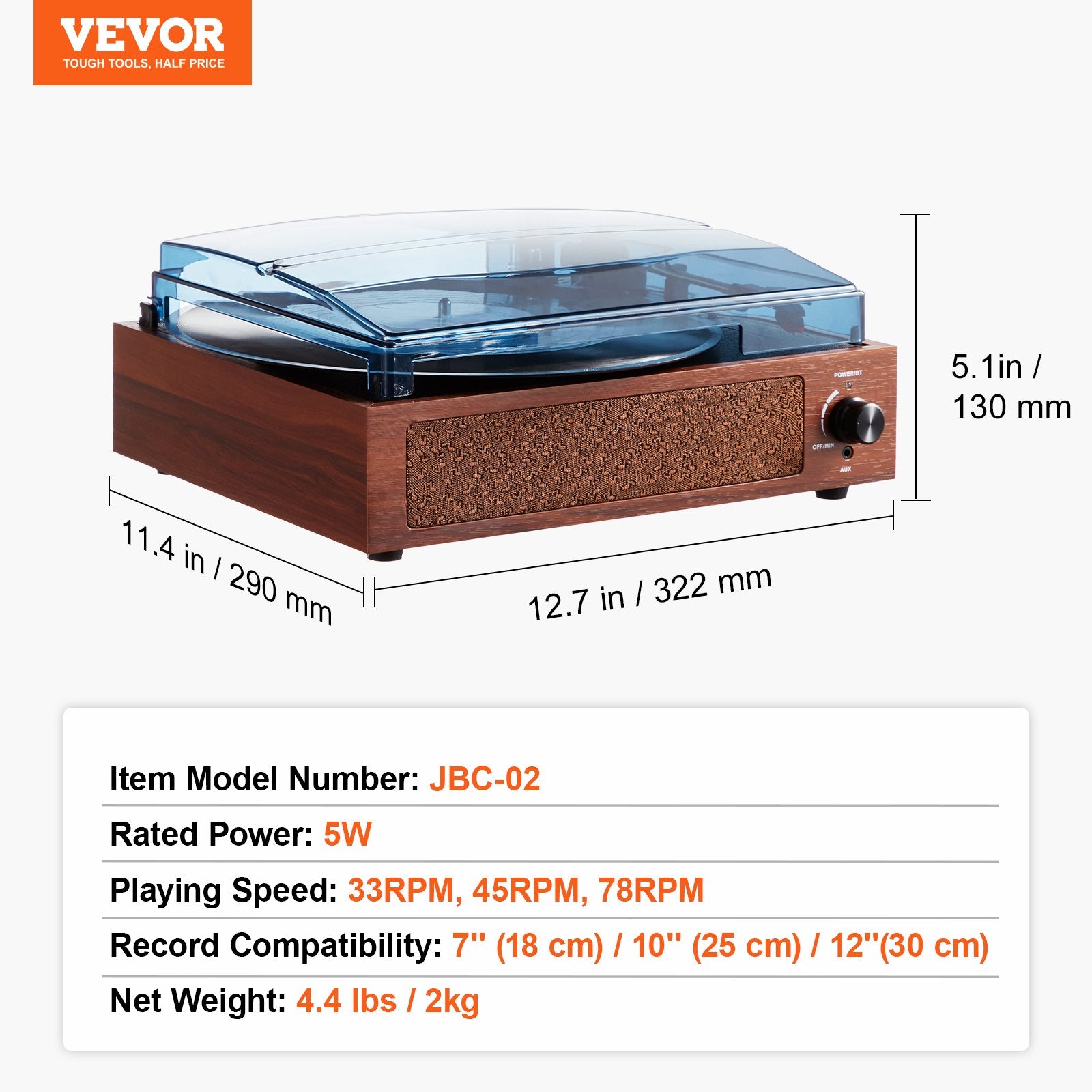 VEVOR Bluetooth Vinyl Record Player 3-Speed Belt Driven Turntable 10W Speakers 
