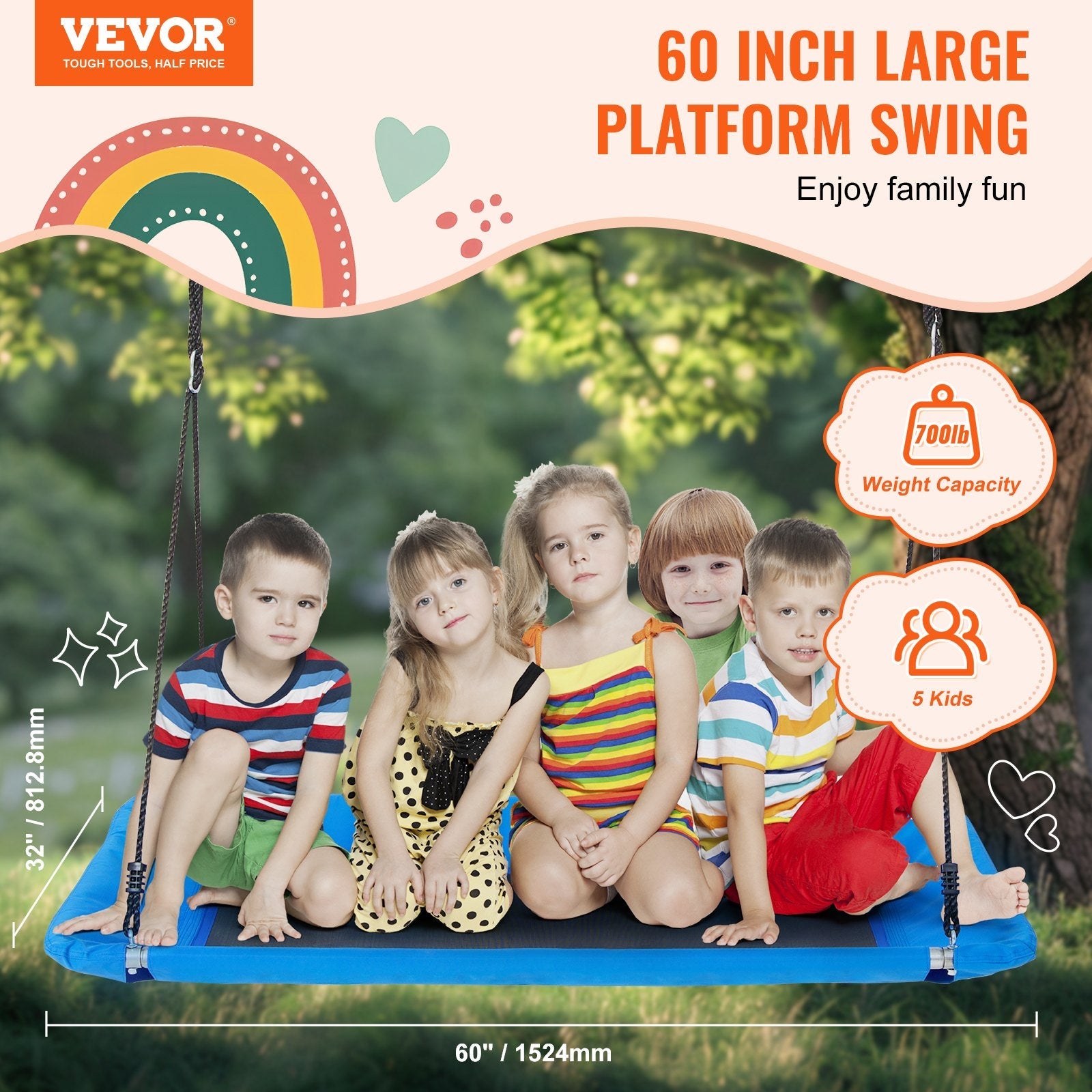 VEVOR Platform Swing 60 Inch Platform Tree Swing for Kids 700lbs Weight Capacity 