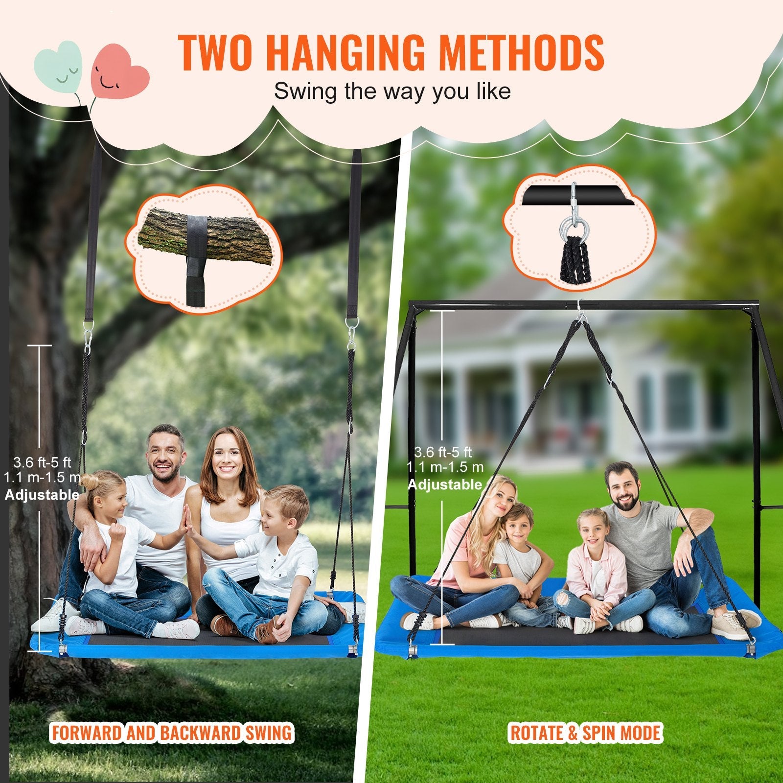 VEVOR Platform Swing 60 Inch Platform Tree Swing for Kids 700lbs Weight Capacity 
