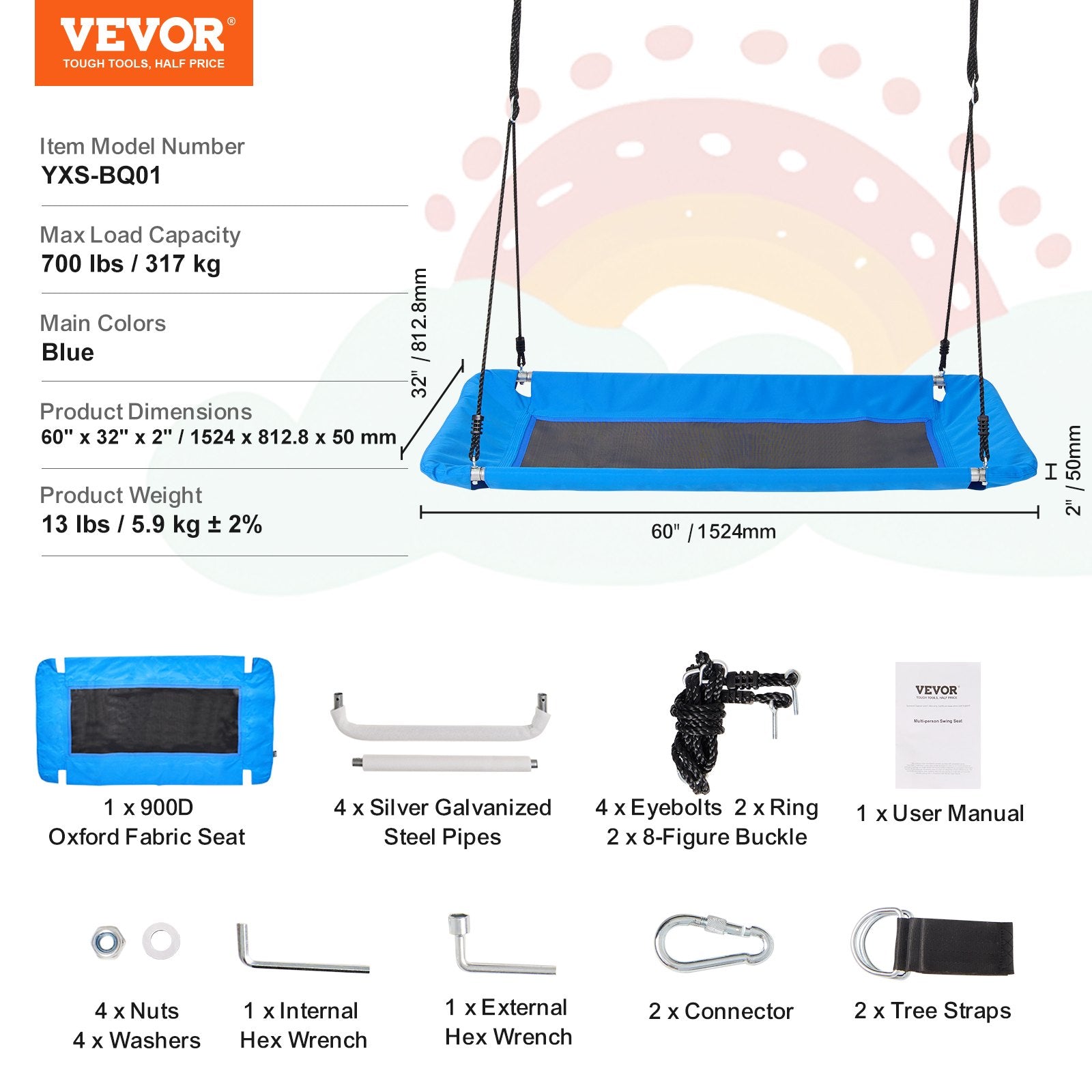 VEVOR Platform Swing 60 Inch Platform Tree Swing for Kids 700lbs Weight Capacity 