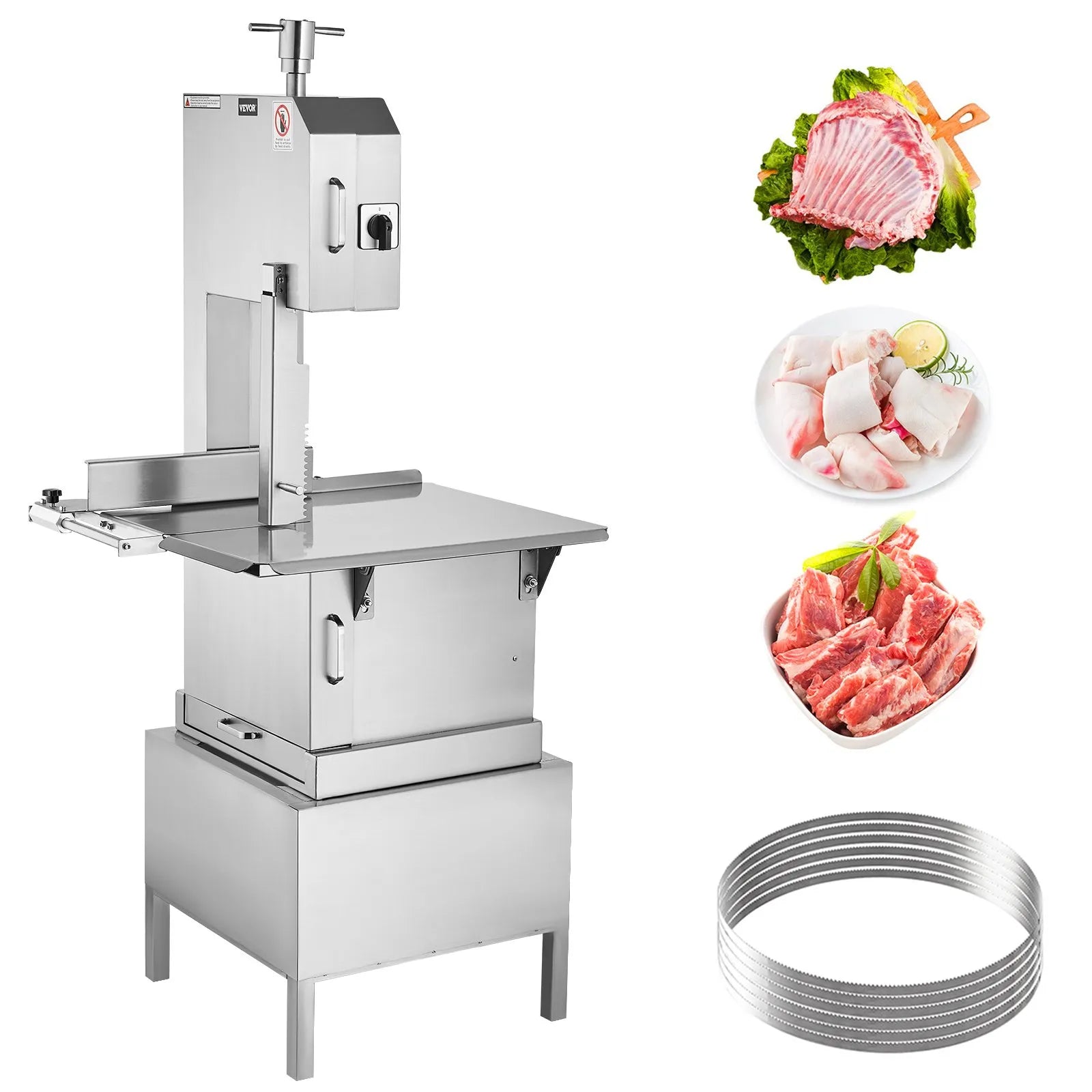 VEVOR Commercial Electric Meat Bandsaw, 2200W Stainless Steel Vertical Bone Sawing Machine, Workbeach 24.4" x 20.5", 0.16-8.7 Inch Cutting Thickness, Frozen Meat Cutter with 6 Blades for Rib Pork Beef
