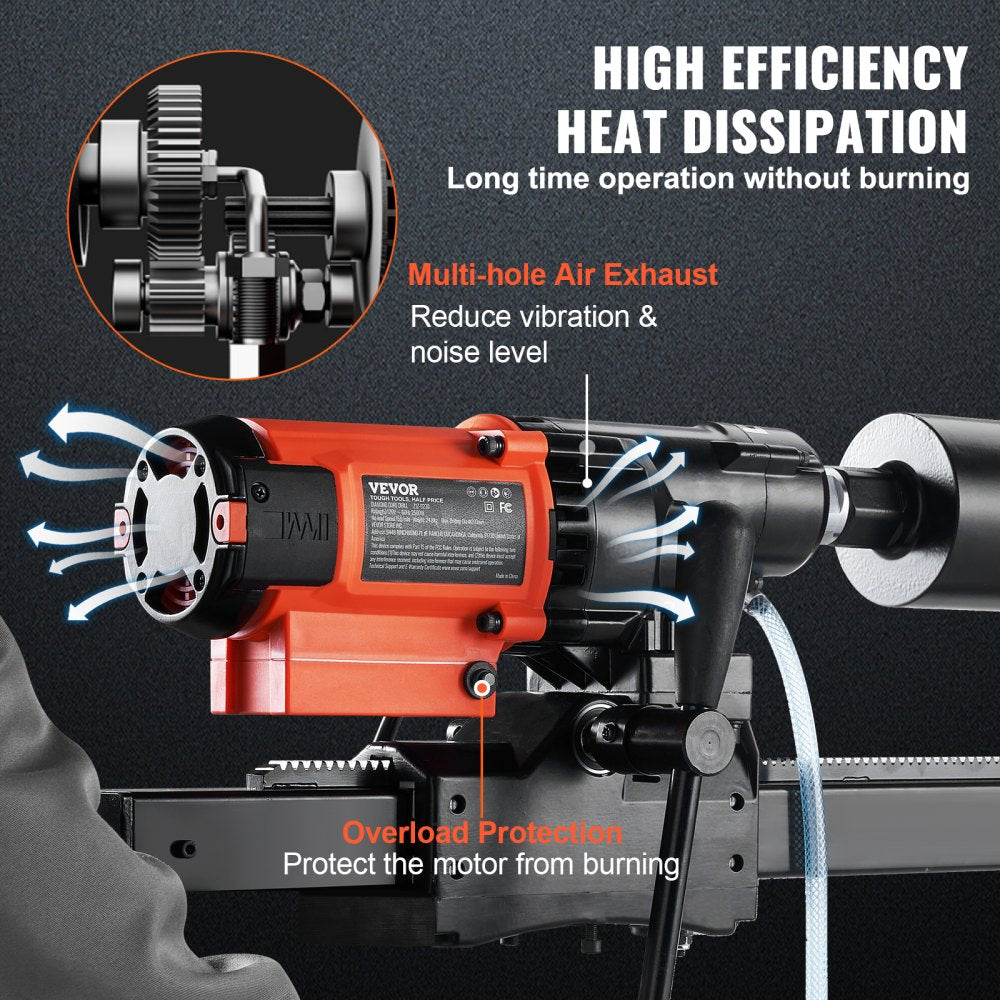 VEVOR Diamond Core Drilling Machine, 8in Wet&Dry Concrete Core Drill Rig with Stand, 750RPM Speed & 1-1/4" 5/8" Thread & Lifting Handle, 8in Drilling Diameter for Concrete Brick Block Stone, 2500W 