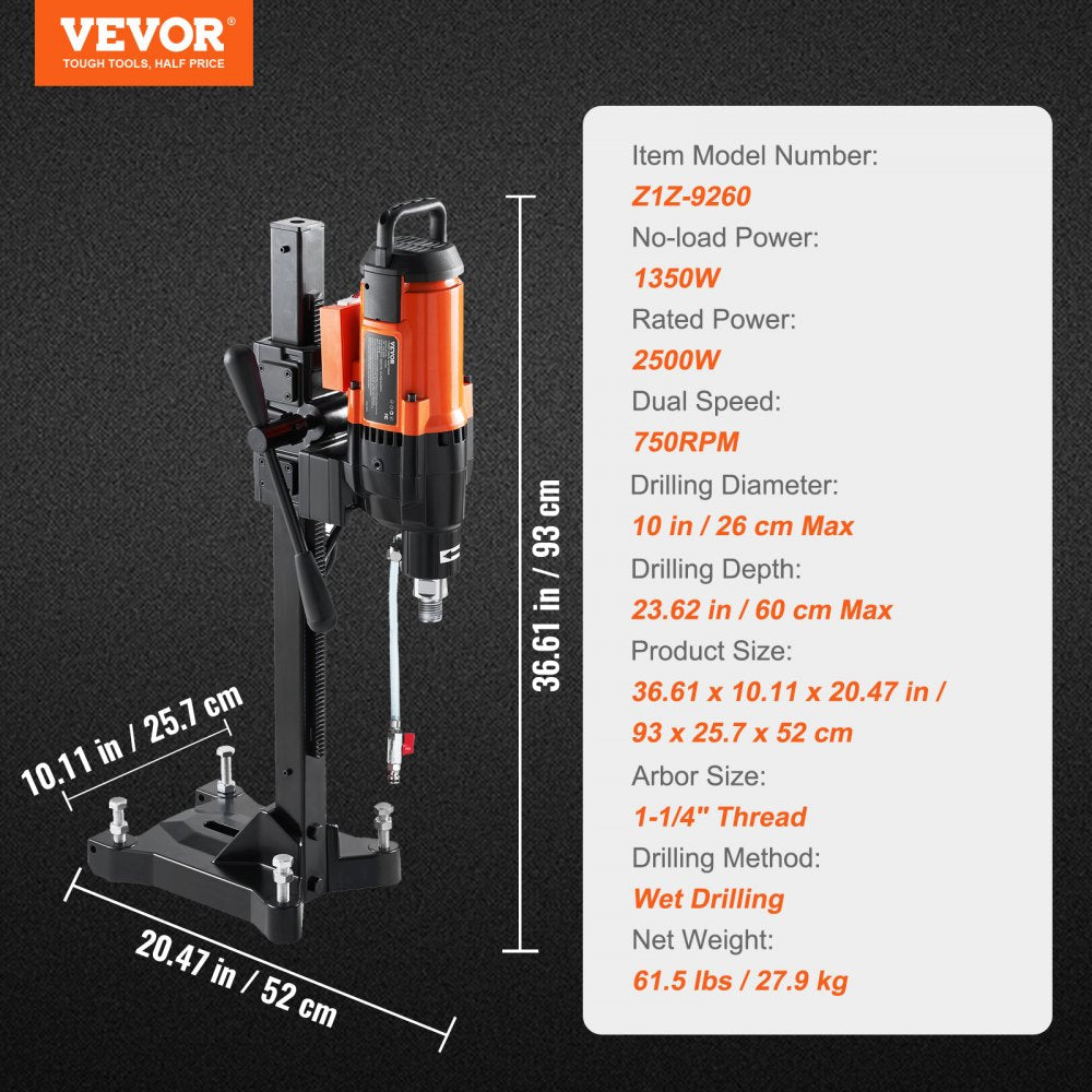 VEVOR Diamond Core Drilling Machine, 10in Wet Concrete Core Drill Rig with Stand Wheels, 750RPM Speed & 1-1/4" Thread & Lifting Handle, 10in Drilling Diameter for Concrete Brick Block Stone, 2500W 