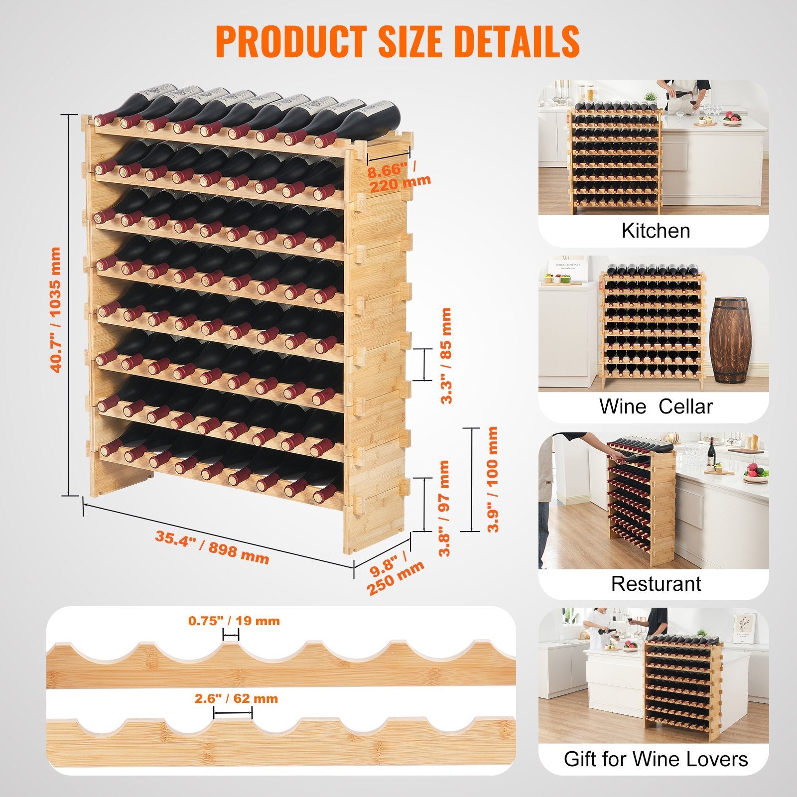 VEVOR 72 Bottle Upgrade Modular Wine Rack Bamboo Wood Display Shelf 8-Tier 